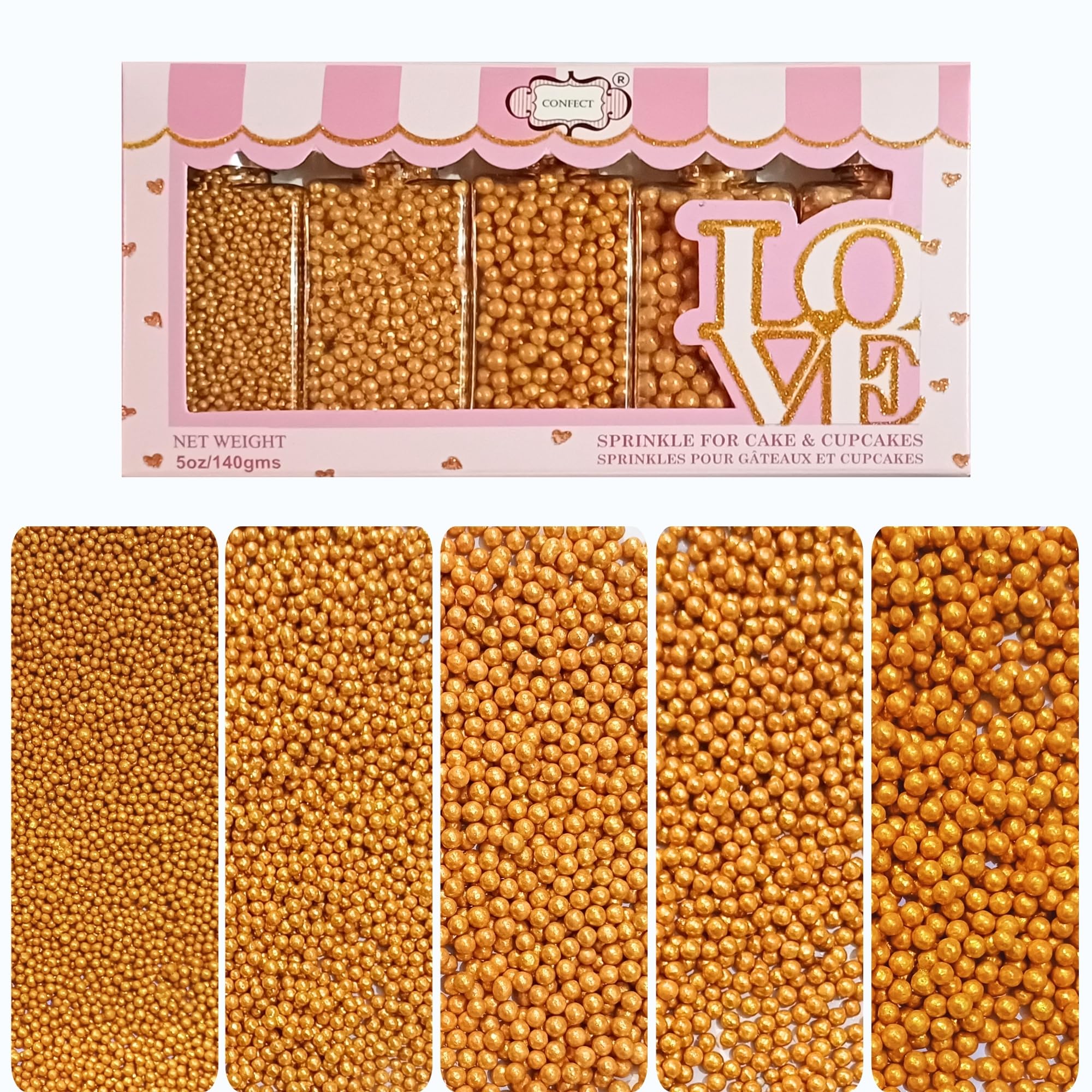 Confect Pearl Gold Sprinkles | Gold Sprinkles for Cakes & Cupcakes Decoration & Celebration | Assorted pack of 5 All That Glitters | Mix Golden Pearl Dragees | Vegan, Gluten-Free, Nut-Free, Soy-Free, Dairy-Free, Palm Oil-Free, No Artificial Dyes- 140 Gms