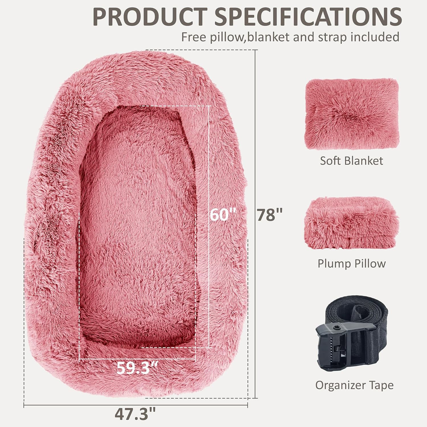 78" Human Dog Bed for Adult, Giant Orthopedic Memory Foam Dog Sofa Bed, Large Oversize Washable Faux Fur Pet Couch with Plump Pillow, Blanket, Strap - Pink
