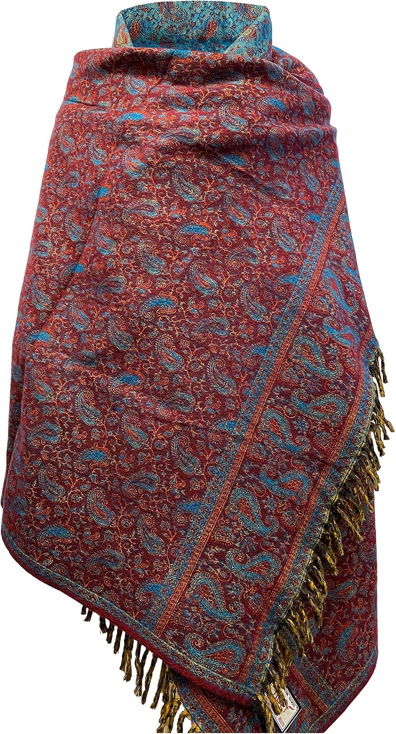 TIBET LUXURY HANDMADE MAROON BLUE FLORAL PREMIUM QUALITY FASHION SCARF MADE OF YAK WOOL OVERSIZE Shawl Blanket stole unisex Travel Wrap Meditation Soft gift for her