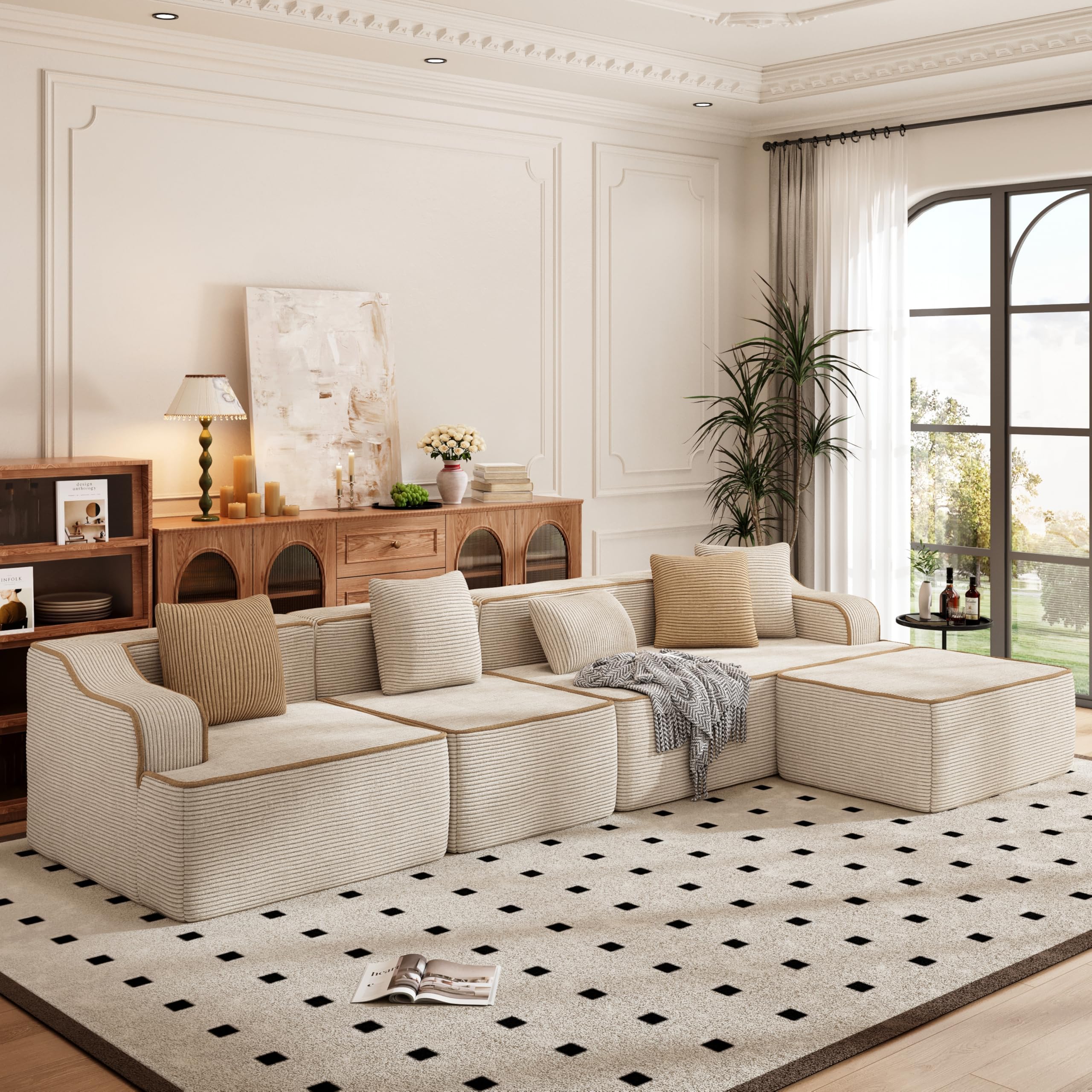 Cloud Modular Couch Sets, 134" L-Shaped Sectional Sofa with Movable Ottoman, 5-Seater Couches with Deep Seat for Living Room, No Assembly Required, Corduroy, Beige