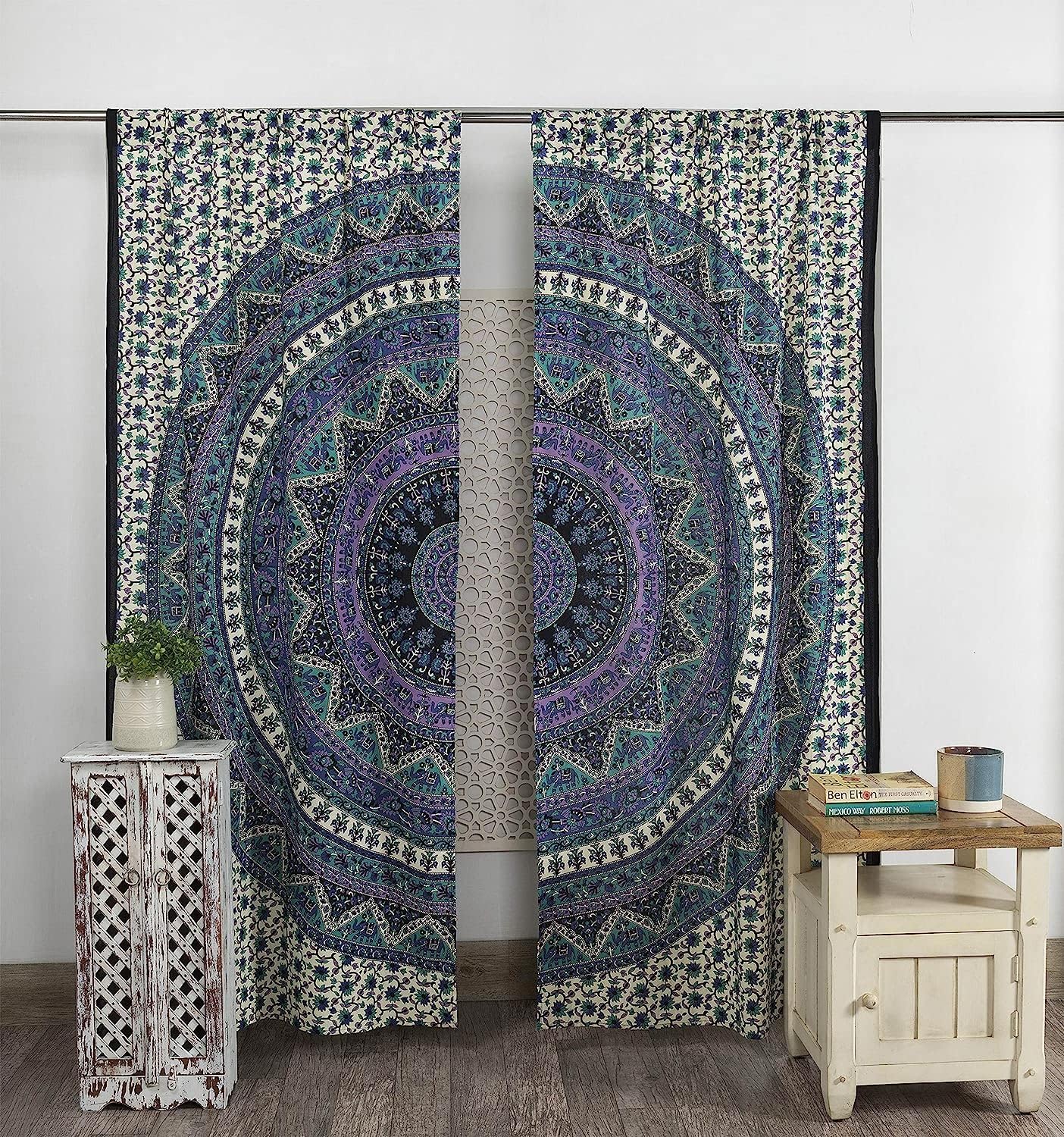 Popular Handicrafts Curtiain Panels Mandala Printed Indian Hippie Bohemian Beautiful Elephant Curtain Panels Off White