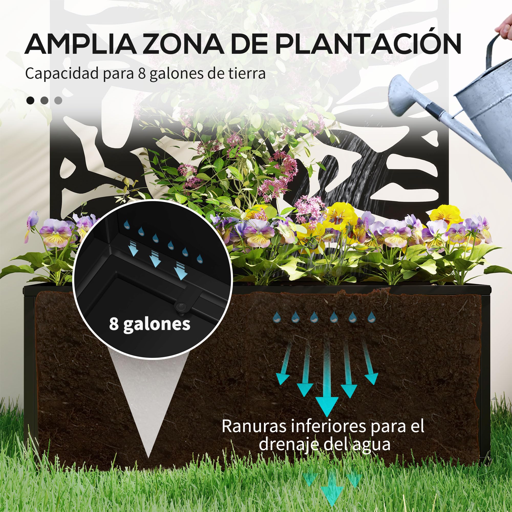 Outsunny Jardinera Exterior Grande de Metal Jardinera con Pantalla de Privacidad de Hojas Sólidas Decorativas Jardinera de Pared o Independiente para Patio Terraza 61x23x113 cm Negro