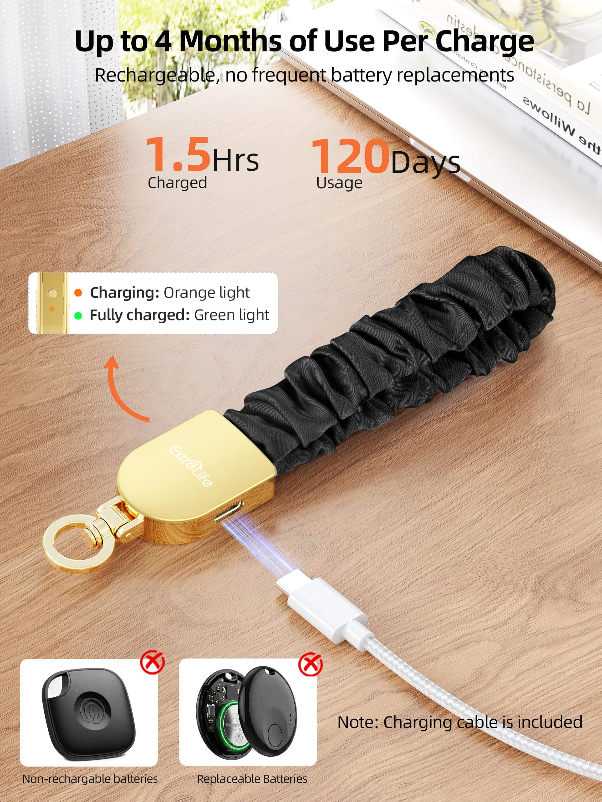 Portachiavi da polso, funziona con Apple Find My, elastico elastico per donne e uomini, portachiavi per auto con localizzatore GPS, cercatore di chiavi intelligenti, ricaricabile, nero e oro