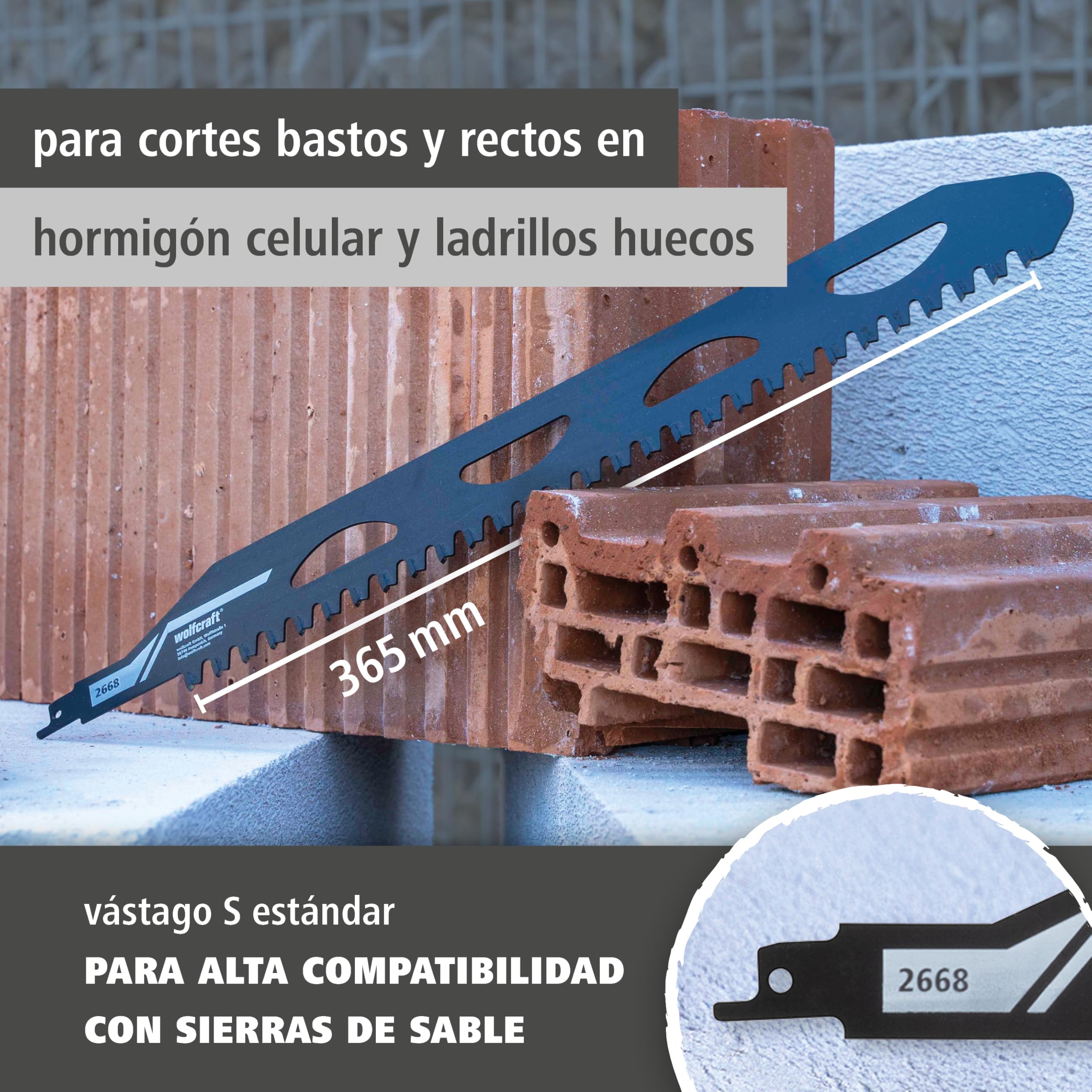 wolfcraft Hoja de sierra de sable, con filo de carburo de tungsteno, para hormigón celular y ladrillos huecos – Para cortes bastos y rectos en hormigón celular y ladrillos huecos - 2668000