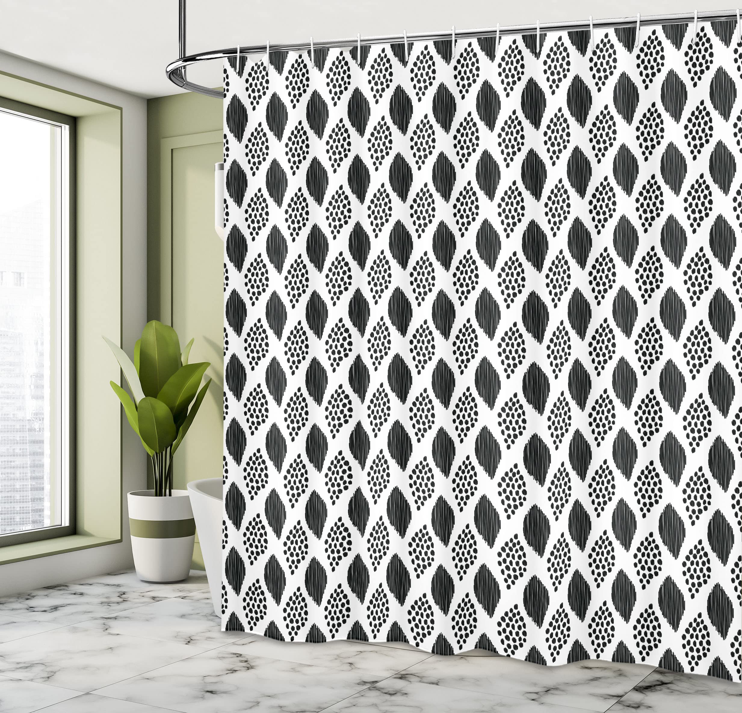 ABAKUHAUS Black and White Shower Curtain, Scribble Pattern with Abstract Black Dotted Leaves on White Background - Image 4