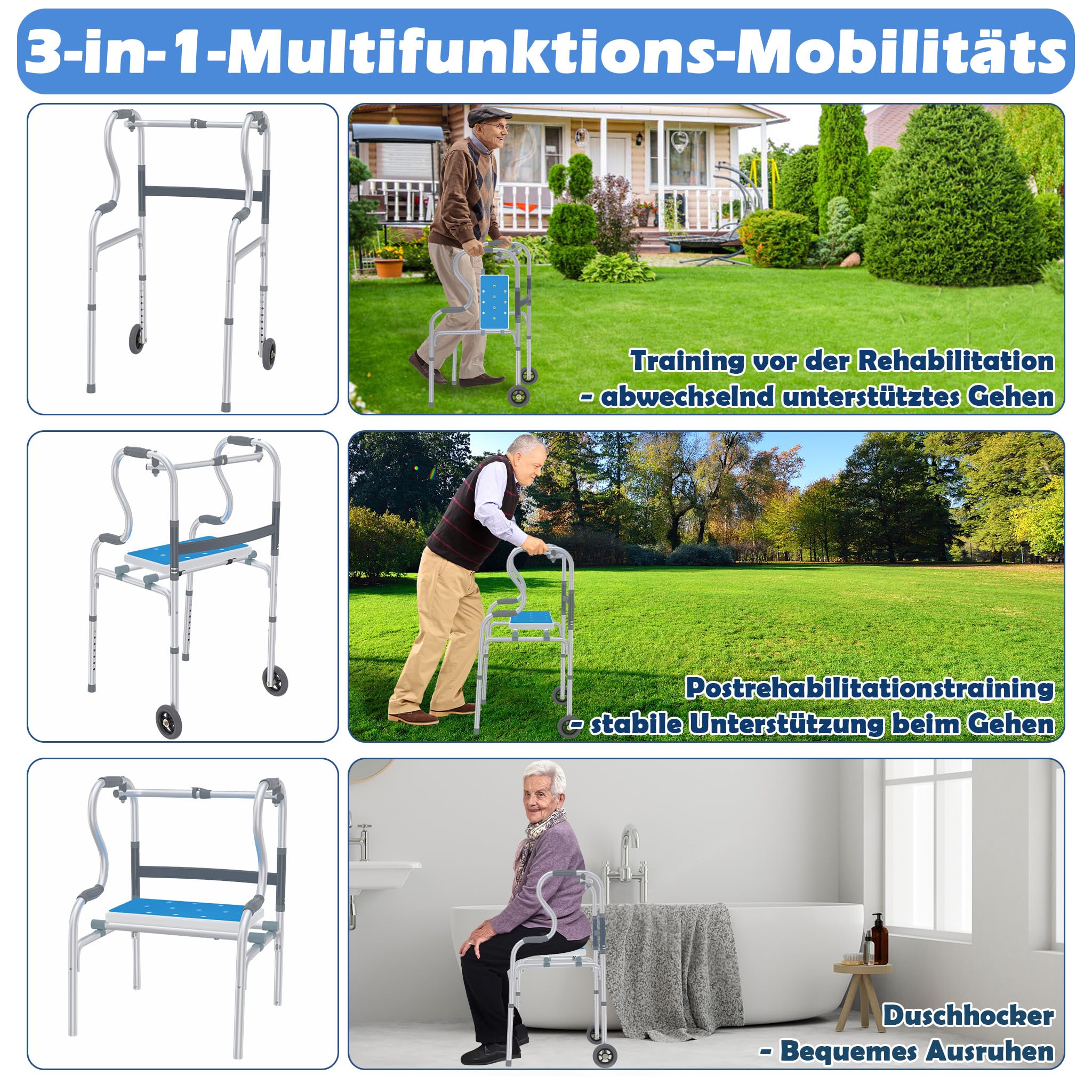 Froadp Andador para personas mayores, caballete de aluminio, fácil de ajustar en altura, con 2 ruedas giratorias, antideslizante, estable, andador, estrecho, para apartamentos, ayuda de pie, mango