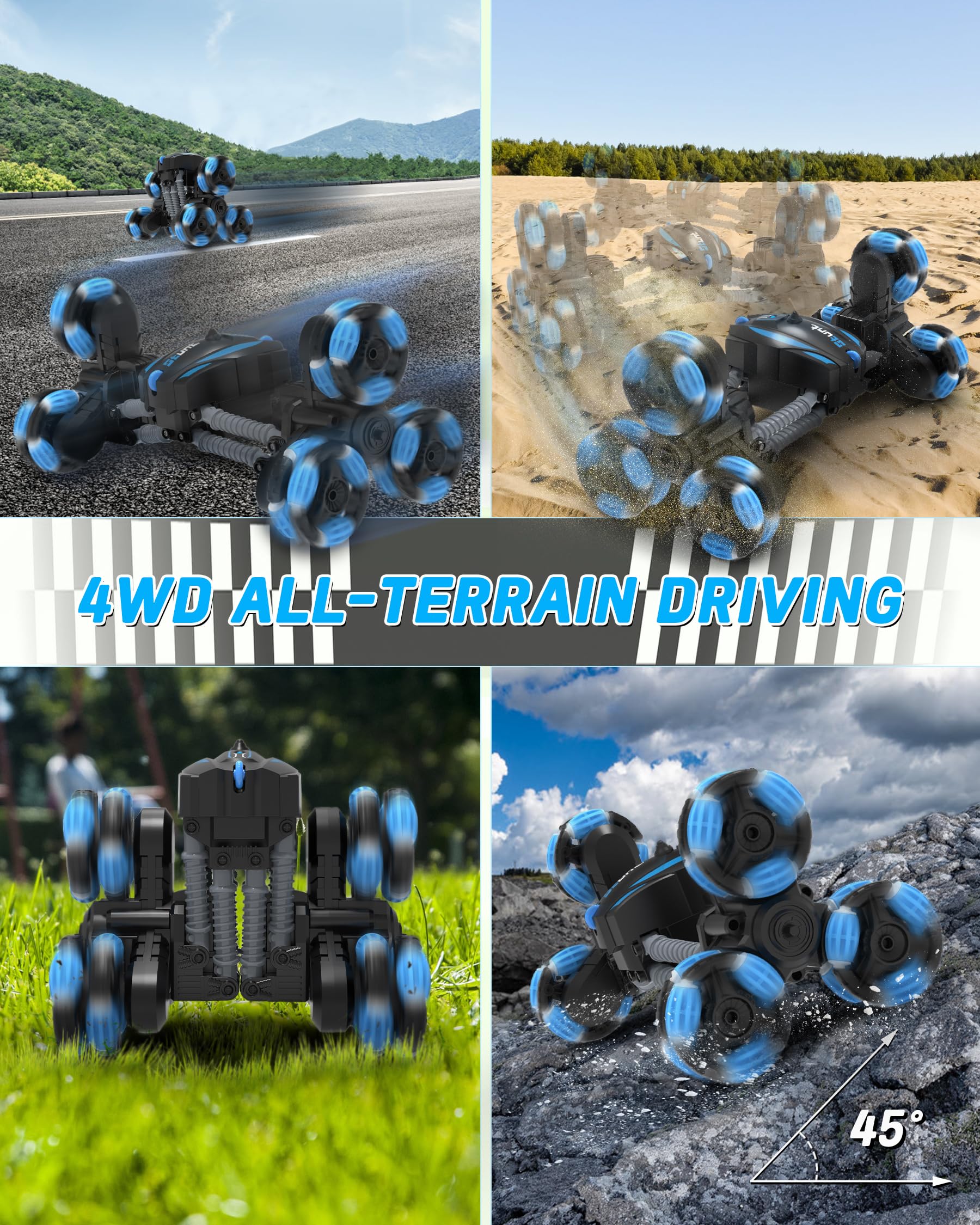 Remote Control Car, RC Transform Stunt Car 360° Flips Rotating, Drift, 90° Upright Driving RC Stunt Truck with Headlight All Terrain Toys for Ages 5-12 Kids Gifts