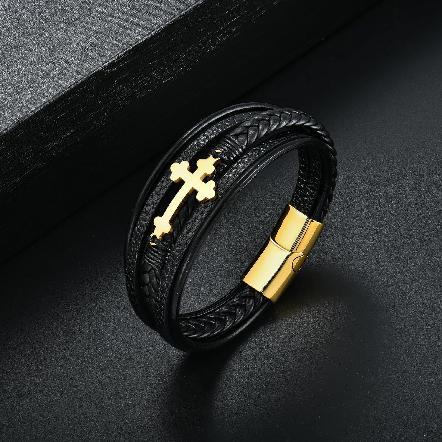 Mens Leather Cross Bracelet Multi-Layer Braided Faith Bracelet Religious Wristband Father's Day Birthday Jewelry Gifts for Men 8.5" Stainless Steel Buckle Bangle - Image 6