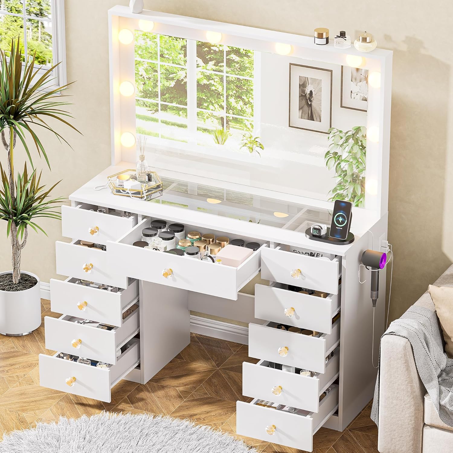DINGIPP 43.3" White Vanity Desk with Lighted Mirror, 10 LEDs, Glass Top, 11 Drawers, Crystal Handles & Power Outlet - Ideal Gift for Women