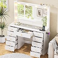 DINGIPP 43.3" White Vanity Desk with Lighted Mirror, 10 LEDs, Glass Top, 11 Drawers, Crystal Handles & Power Outlet - Ideal Gift for Women