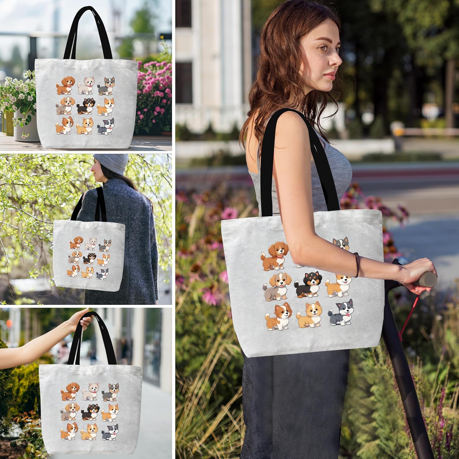 Dog Canvas Tote Bags For Women, Cute Cartoon Dog Pattern, White, Large, Shoulder Strap - Image 5