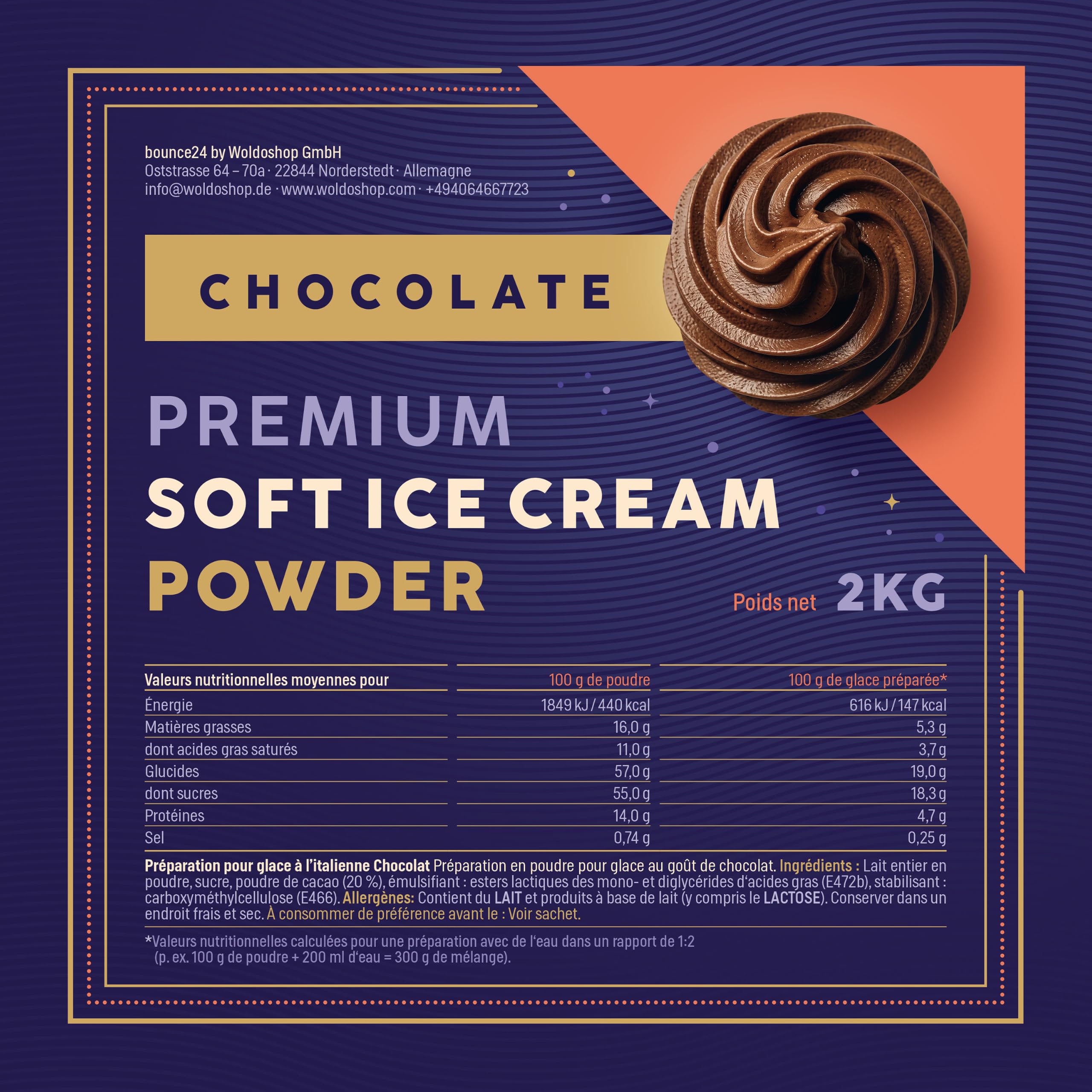 Bounce24 Préparation Glace Italienne Chocolat 2 kg en Poudre 100 Boules | Avec 20% de cacao et lait entier en poudre, juste de l'eau, crémeux comme chez le glacier, jusqu'à 100 portions