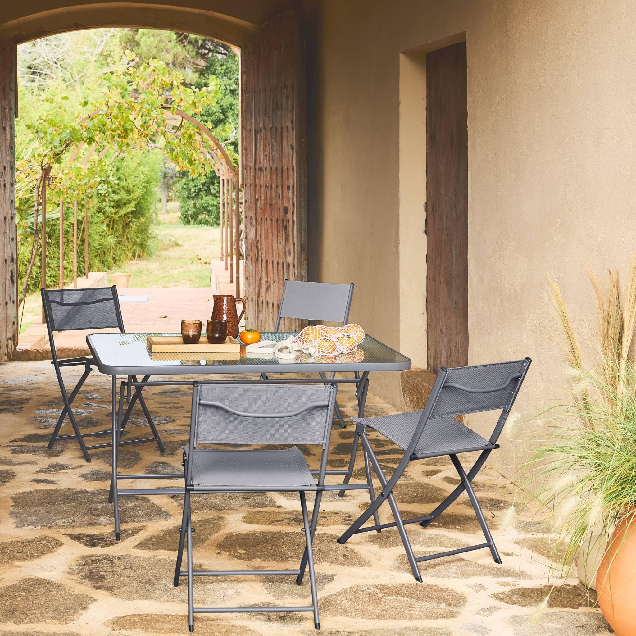 sweeek - Table de Jardin Pliante Acier + 4 assises textilène Anthracite - Ancona