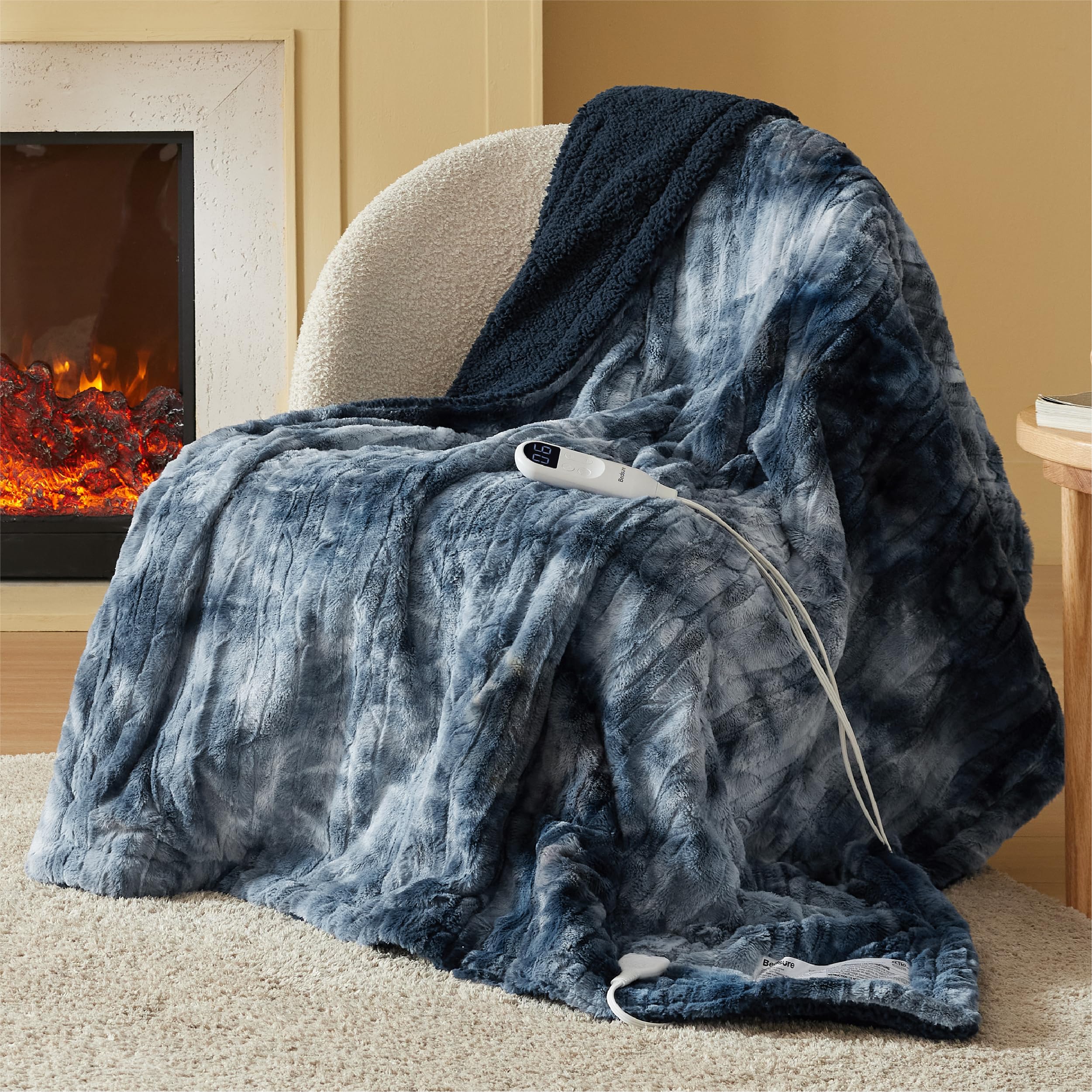 Bedsure Heated Blanket Electric Throw - Faux Fur Sherpa, Fast Heating Electric Blanket with 6 Heating Levels &amp; 4 Time Settings, 3 Hours Auto-Off (50x60 inches, Navy)