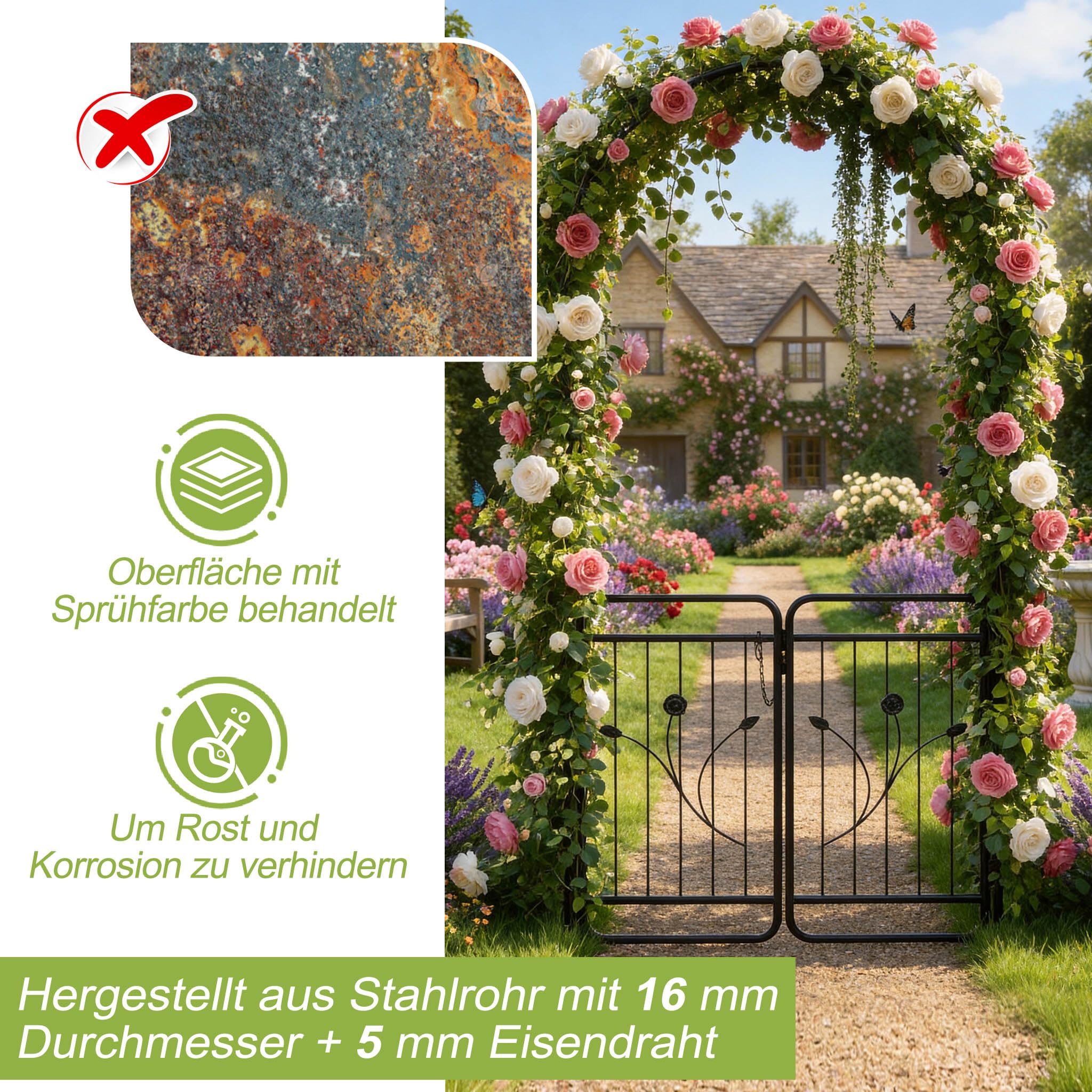 Aufun Rosenbogen mit Tür 220 cm, Metall Gartenbogen mit Rankgitter, Abschließbares Gartentor, Pulverbeschichteter Stahl, Wetterfest & Stabil, Rankhilfe für Kletterpflanzen, Hochzeit & Garten, Schwarz