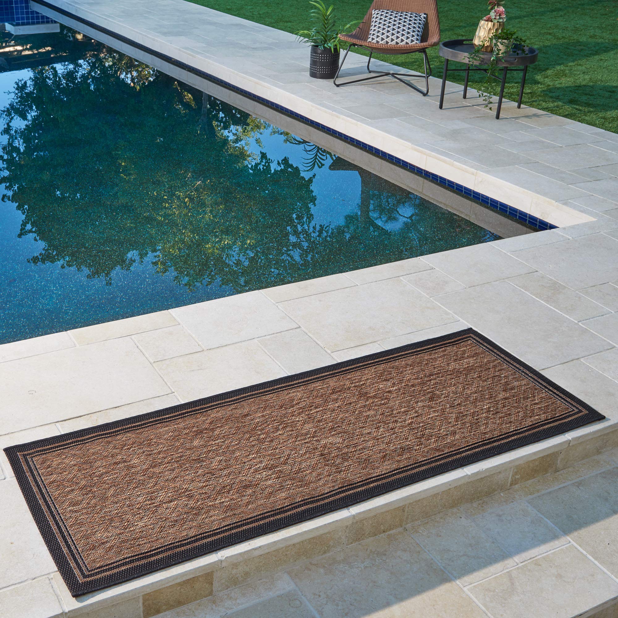 Gertmenian 21994 Outdoor Rug Freedom Collection Bordered Theme Smart Care Deck Patio Carpet 2x6 Runner, Border Black Nut Brown