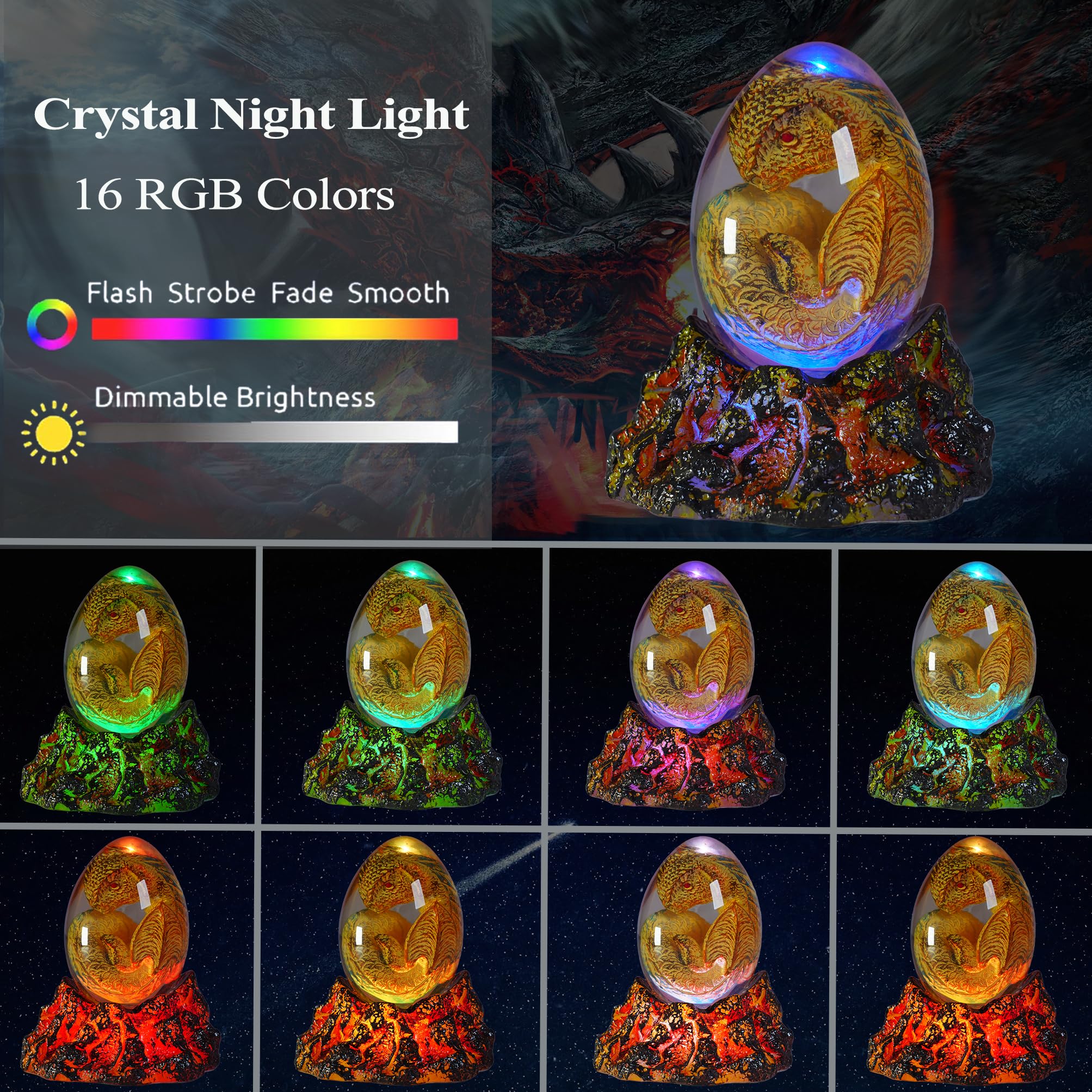 Luz nocturna de dragón, lámpara de dragones de resina con base de lava volcánica mejorada, control remoto de 16 colores RGB regulables para cumpleaños, Navidad, figuras geniales, regalos de dragón
