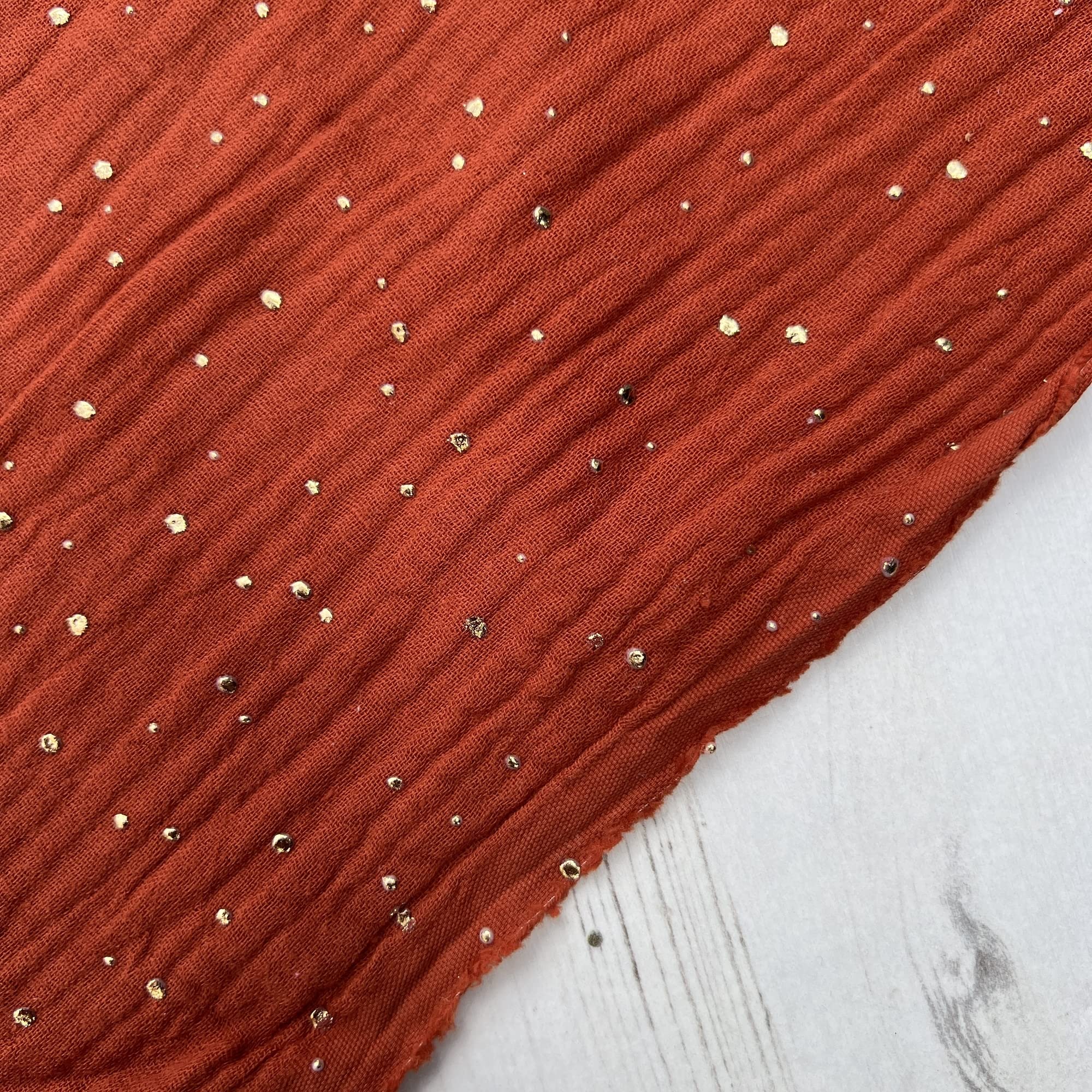 Gold Speckled Double Gauze 100% Cotton Fabric Dress Making Lightweight Muslin Baby Nursery Children Swaddle Blankets Scarves Summer Clothing | 55" - 140 cm Wide (per Half Metre, Brick)