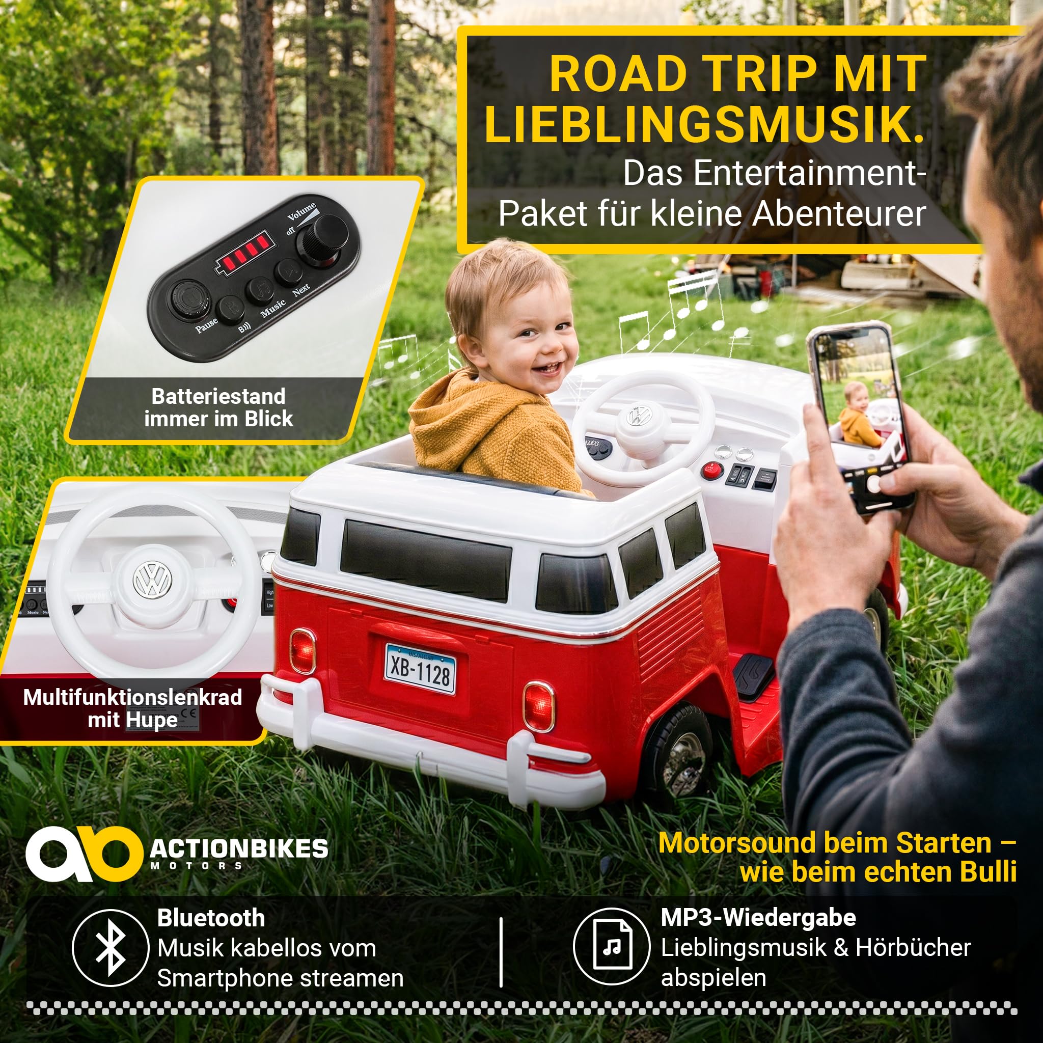 Actionbikes Motors Kinder Elektroauto VW T1 Camper Bus | 2,4 Ghz Fernbedienung - Lizenziert - Spielzeugauto - Kinderauto elektrisch - Elektrofahrzeuge - Elektro Auto für Kinder ab 3 Jahre (Rot)