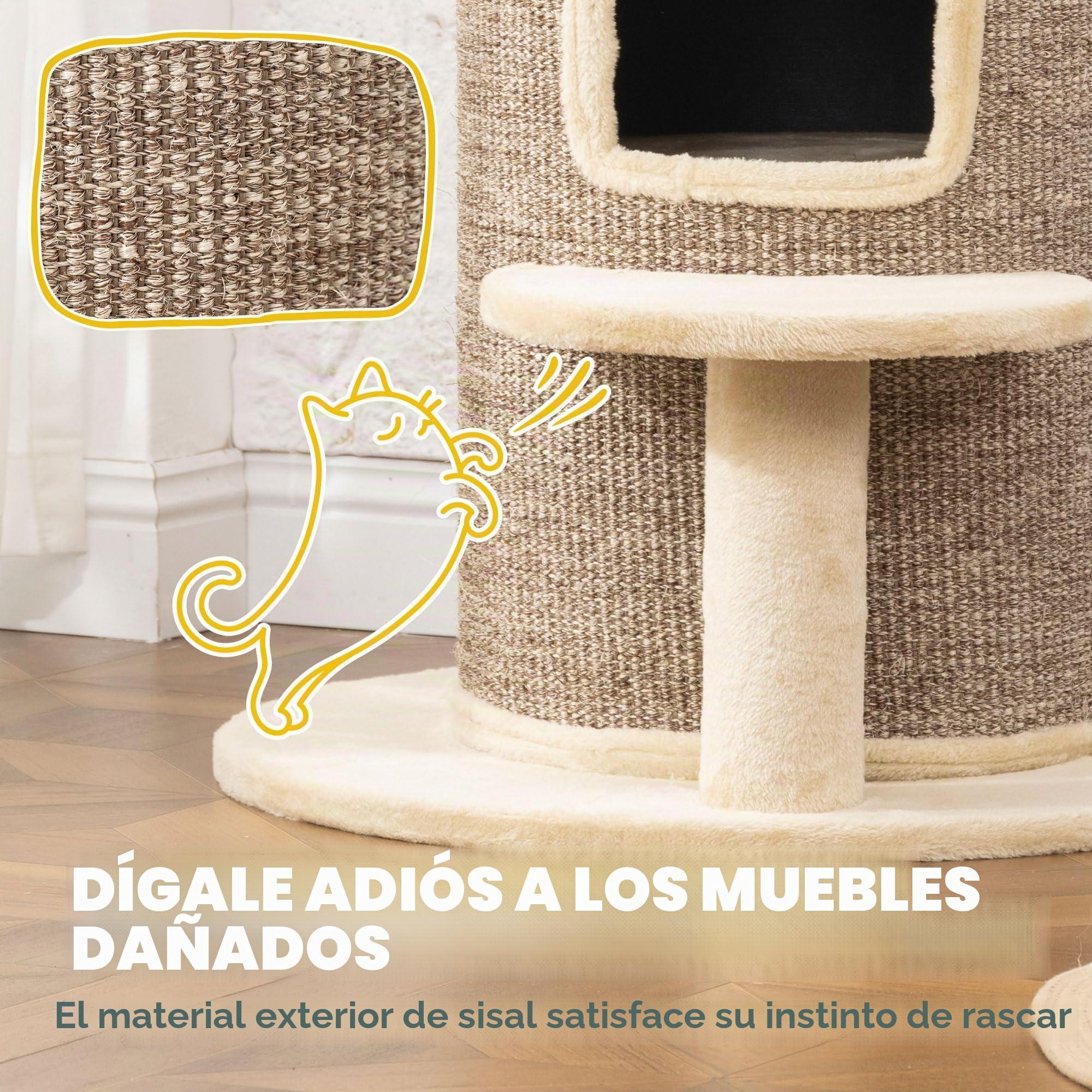 PawHut Barril rascador para Gatos, Barril para Gatos de 61 cm de Altura con 2 Cuevas, Poste rascador con Plataforma de Salto, Torre para Hecha de sisal, Felpa, para pequeños Beige