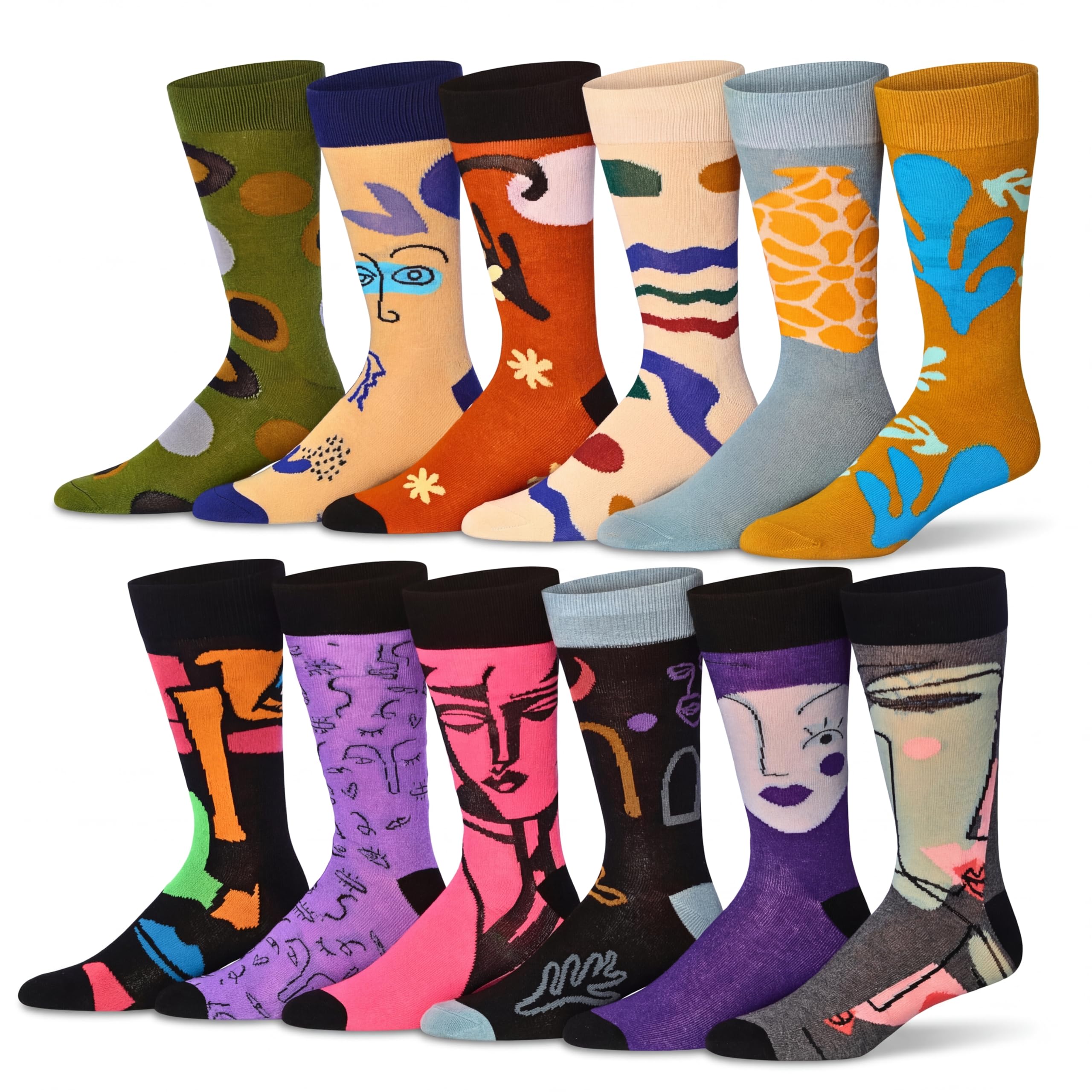 JAMES FIALLO Men's 12 Pairs Expressionist Multicolor Elegant Funky Unique Pattern Dress Socks, M9004-AB-T1