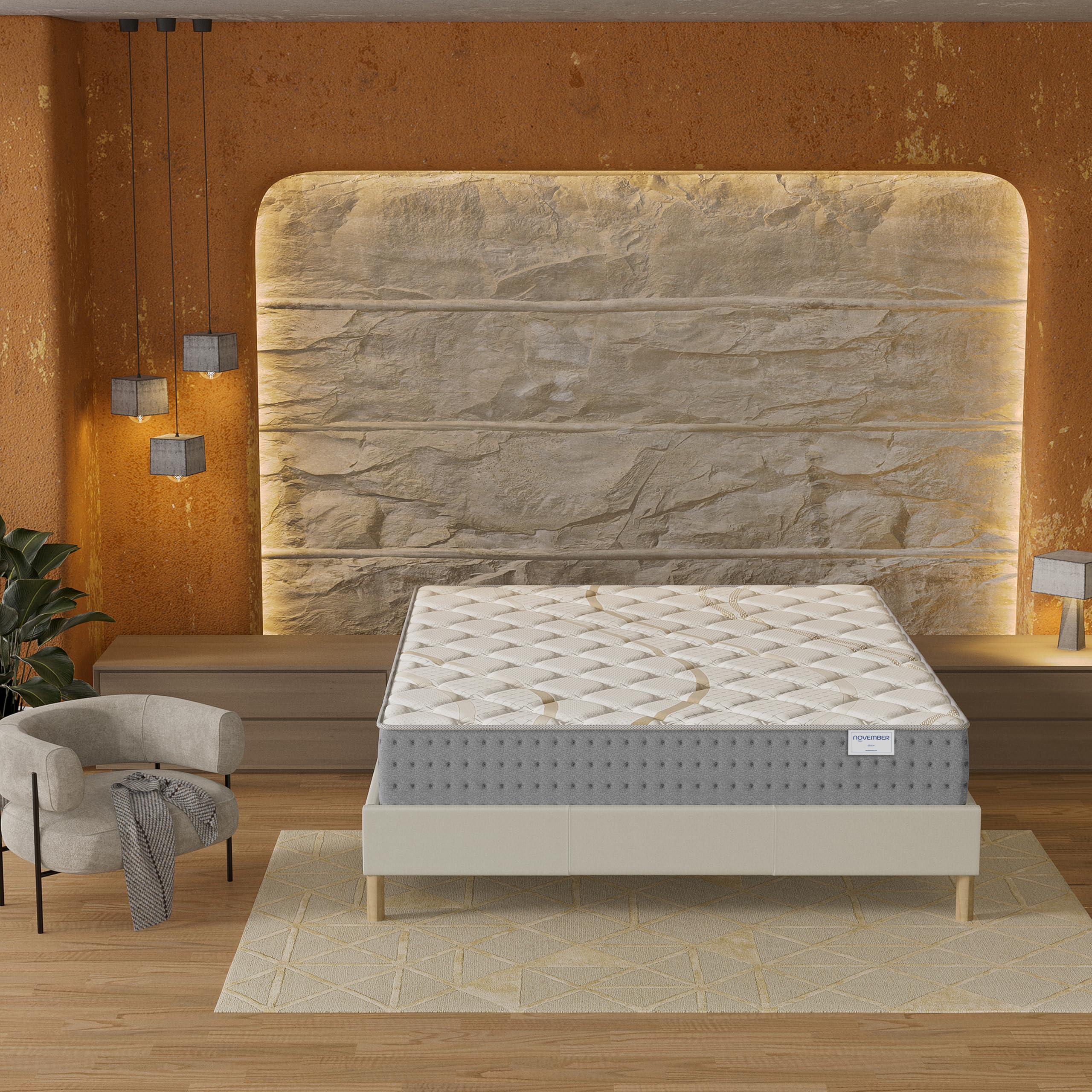 NOVEMBER- Ensemble Matelas + sommier (120 x 190cm)- Matelas Essem Ressorts ensachés & Mousse Haute Densité d’épaisseur 25cm + Sommier Bois Stable & Robuste revêtement Tissu Blanc