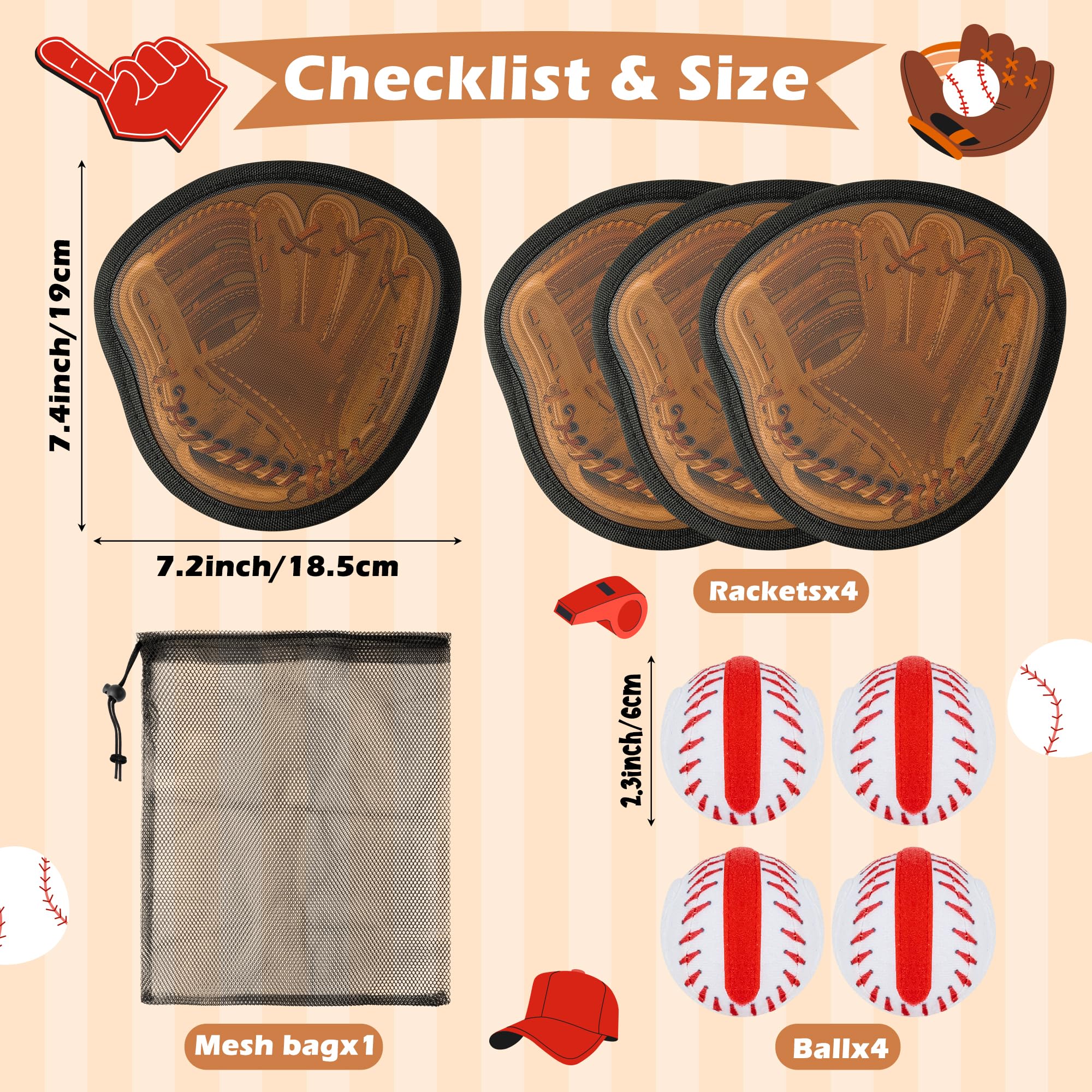 Baseball Klettballspiel für Kinder, 4 Baseball-Handschuh-Paddel & 4 Klettbälle, Outdoor Ballspiel-Set für Jungen Mädchen Familienaktivität, Training Motorik & Koordination, Alter 3 4 5 6 7 8+