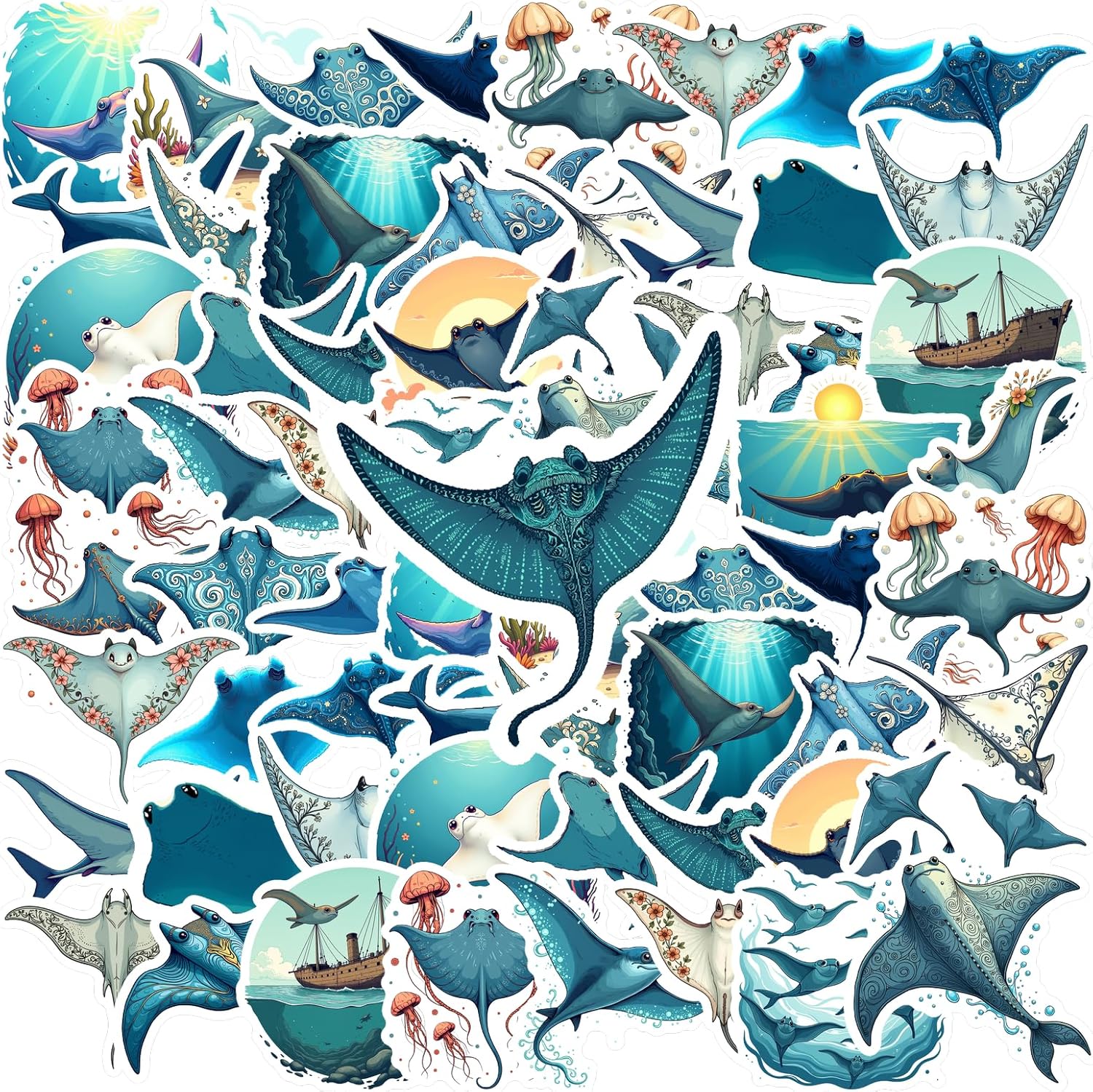 35Pcs Devilfish Stickers for Kids Waterproof Ocean Animal Manta Ray Sticker for Water Bottle Laptop Scrapbooking Skateboard Luggage Manta Ray Party Favor Decor Ideal Gifts for Boy Girl Teacher Rewards