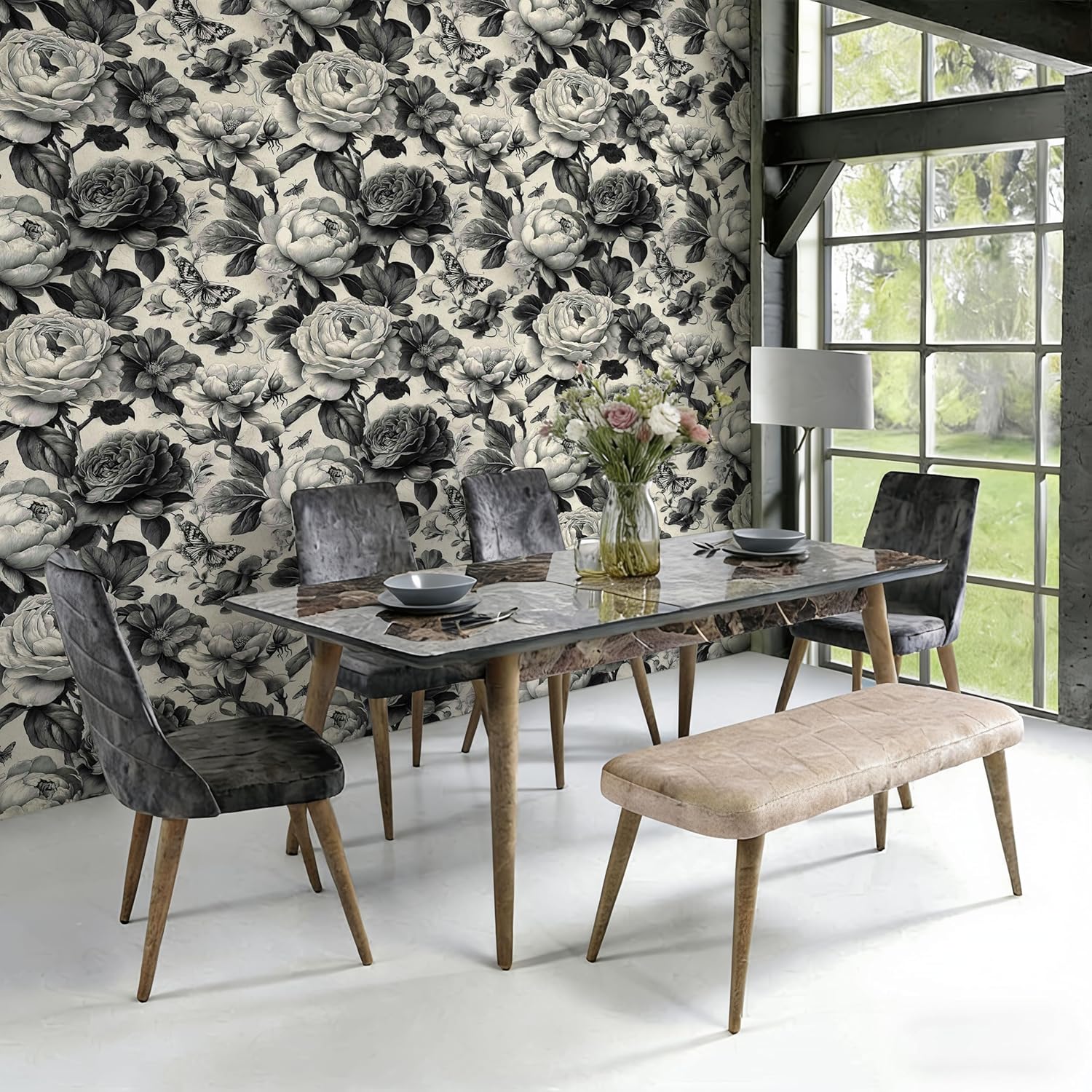 Vintage Engraved Floral Peel and Stick Wallpaper, (Black and Off-White) Gothic Retro Peony & Butterfly Pattern Wallpaper for Home Decor | 17.7" x 236", Self-Adhesive, Waterproof Vinyl