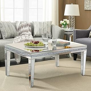 Silver Mirrored Coffee Table, Rectangle Living Room Tables with Crystal ...