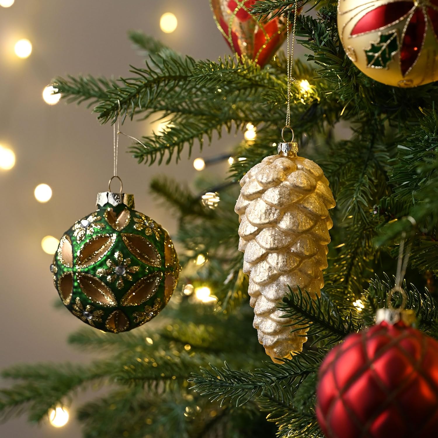 Valery Madelyn Glass Christmas Ornaments Set, 10ct Red Green and Gold Mercury Blown Glass Christmas Tree Ball Decorations, Traditional Country Xmas Hanging Teardrop Finial Bulk for Holiday Decor