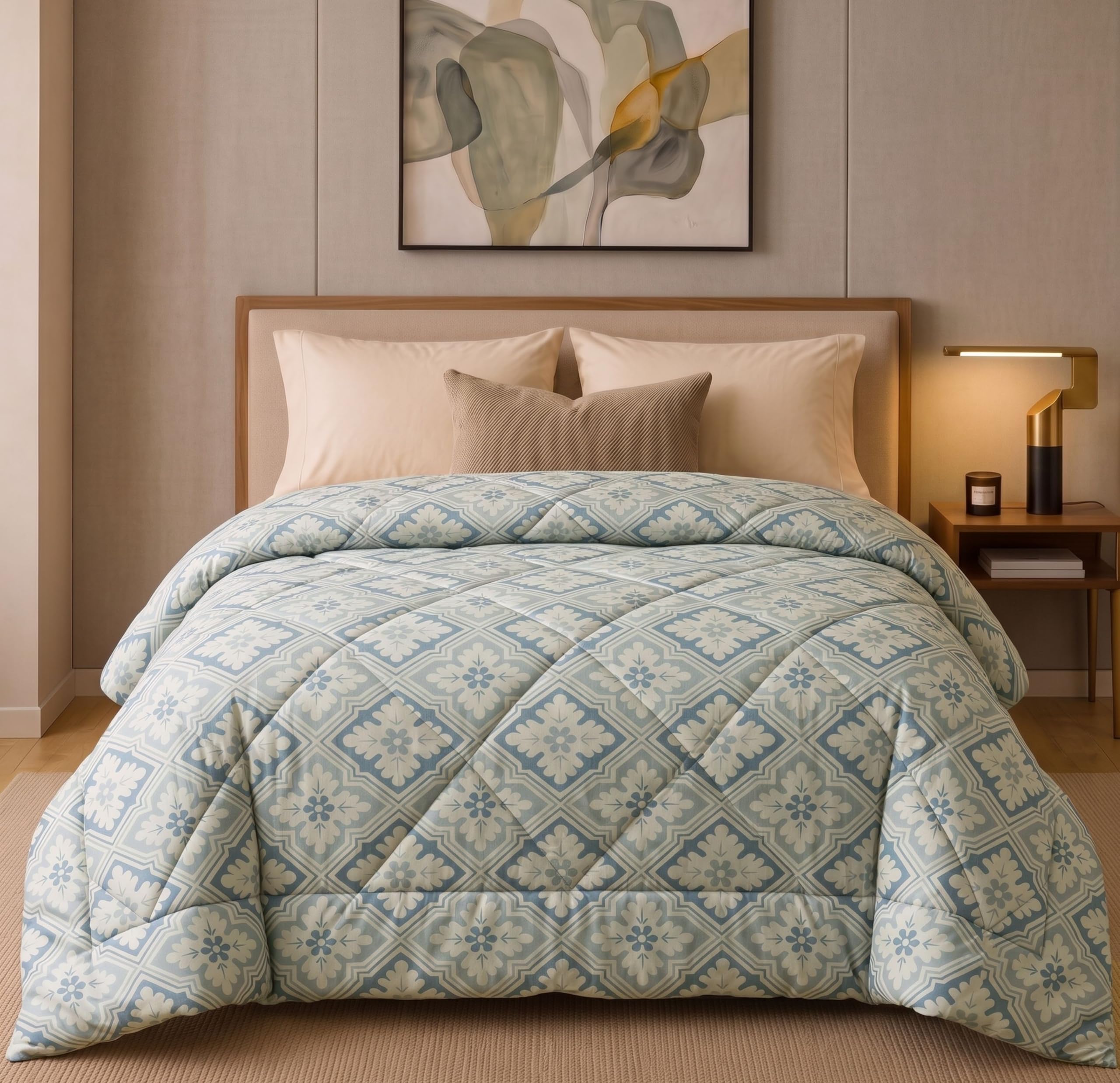VAS COLLECTIONS 220 GSM Reversible Microfiber AC Comforter/Duvets for Mild Winter | All Season Single Size 3 Layered Quilted Blanket for Single Bed (230 cm x 150 cm, Floral, Lt Grey)