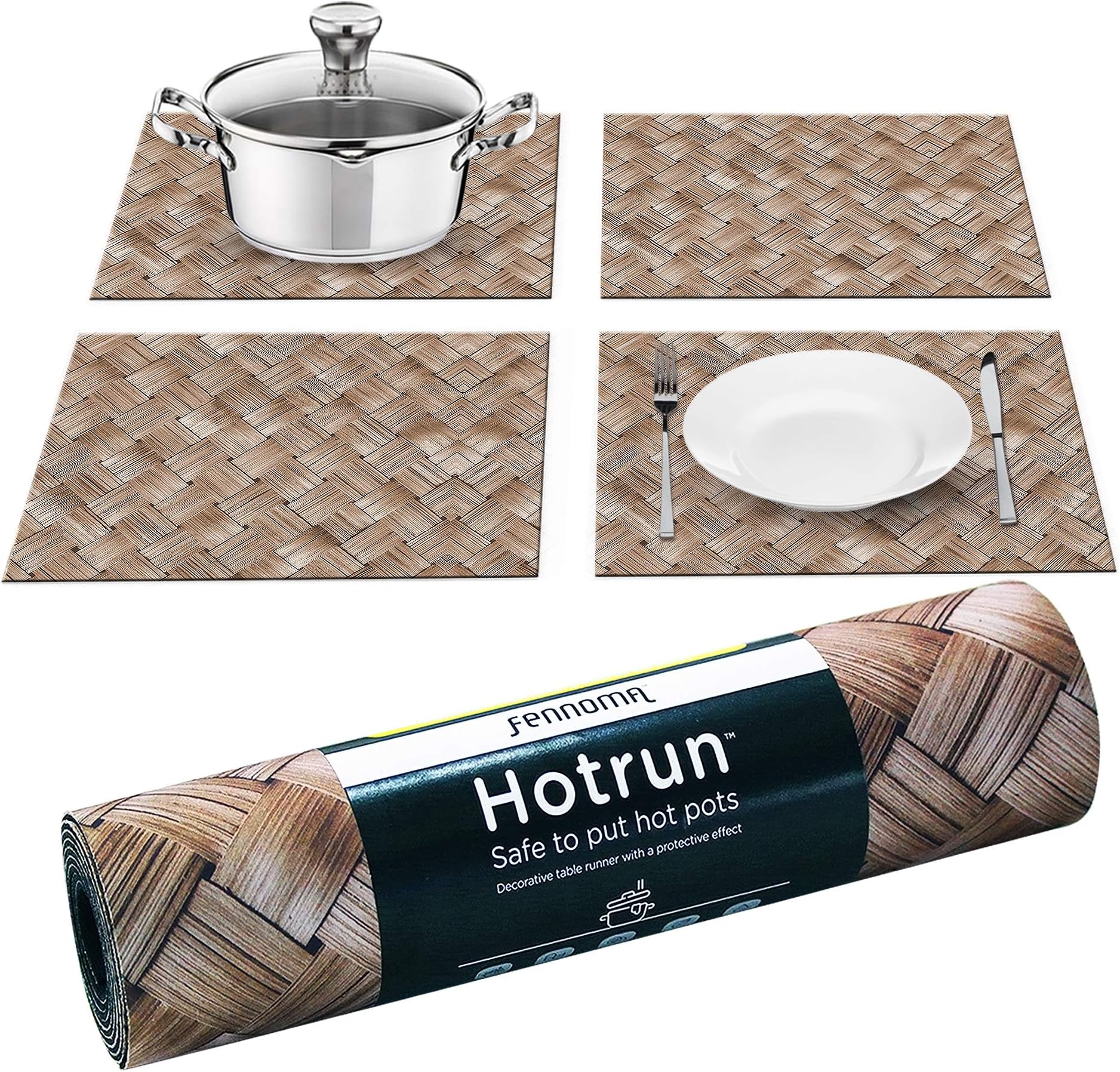 HOTRUN Modular Table Runner placemat Set– Extendable Table Cover Holds pots and Tableware – Protects Surfaces– Anti-Slip Material Handles up to 356 Degrees F – Multi-use Party Set (Bamboo)