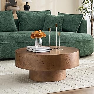 31.49" Round Coffee Table Burl Wood, Farmhouse Fluted Coffee Tables for Living Room Mid Century Modern Pedestal Solid Wood Center CoffeeTable for Living Room,Walnut