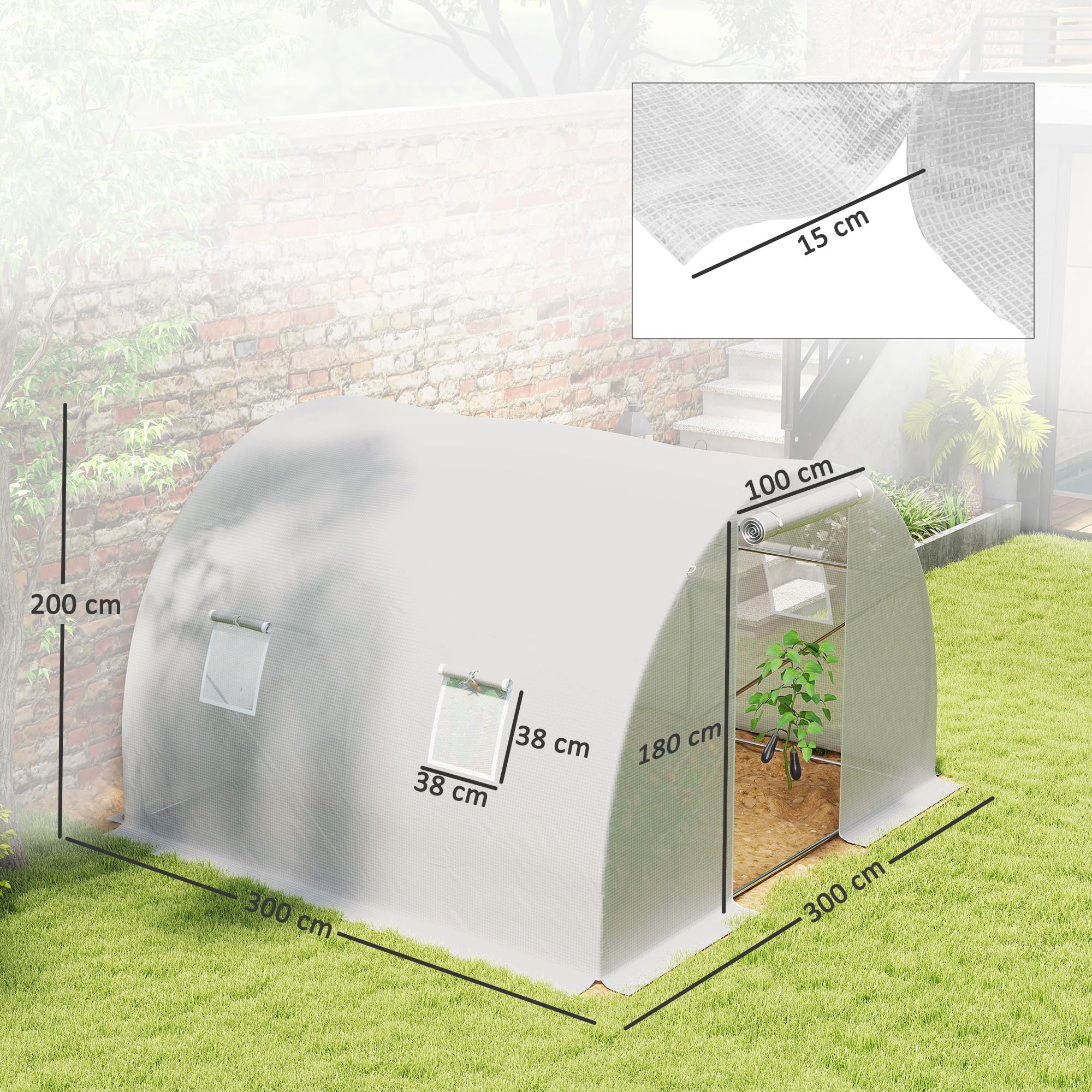 Outsunny Serre de Jardin Tunnel 9 m² 3L x 3l x 2H m - 4 fenêtres, Porte zippée Enroulable - châssis Tubulaire Acier galvanisé, bâche PE Haute densité Blanc