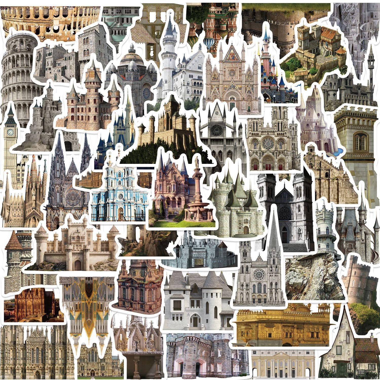 50Pcs Castle Architecture Stickers Laptop Car Scrapbook Phone Skateboard Suitcase Luggage Bike Retro Architecture Stickers Vinyl Waterproof Aesthetic Personalised Stickers for Teens Boys Girls Adults
