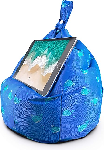 Planet Buddies Tablet & iPad Stand, Cushion Tablet Holder, Ideal for iPad, Samsung, Huawei or any Tablet Up to 12.9 inches, Two Pockets for Storage, Ergonomic Design - Blue Whale