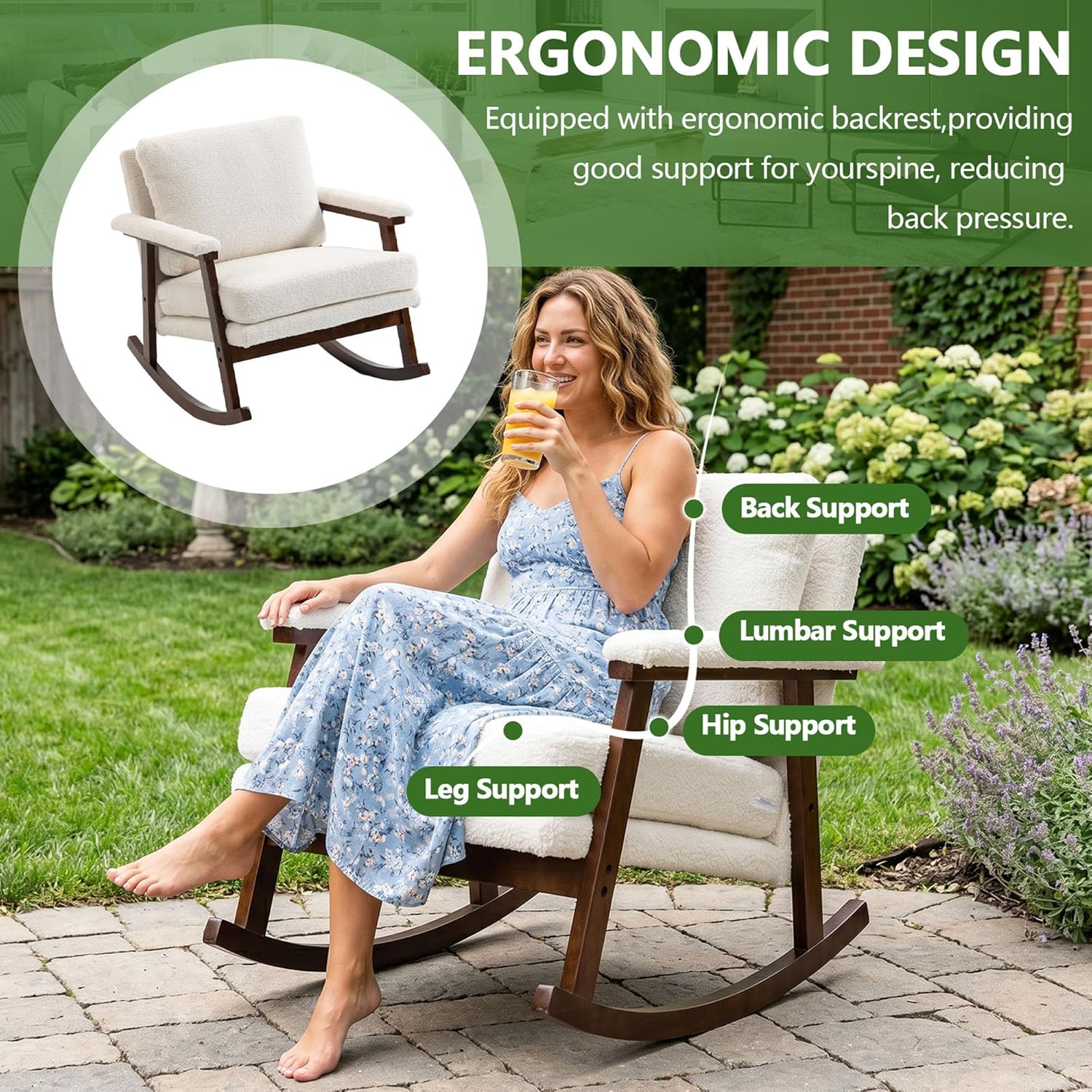 HRVEOCEI White Upholstered Rocking Chair with Cushion, Sherpa Rocking Accent Chair for Living Room Bedroom Nursery, Wooden Frame, 250 LBS Capacity (Antique White)