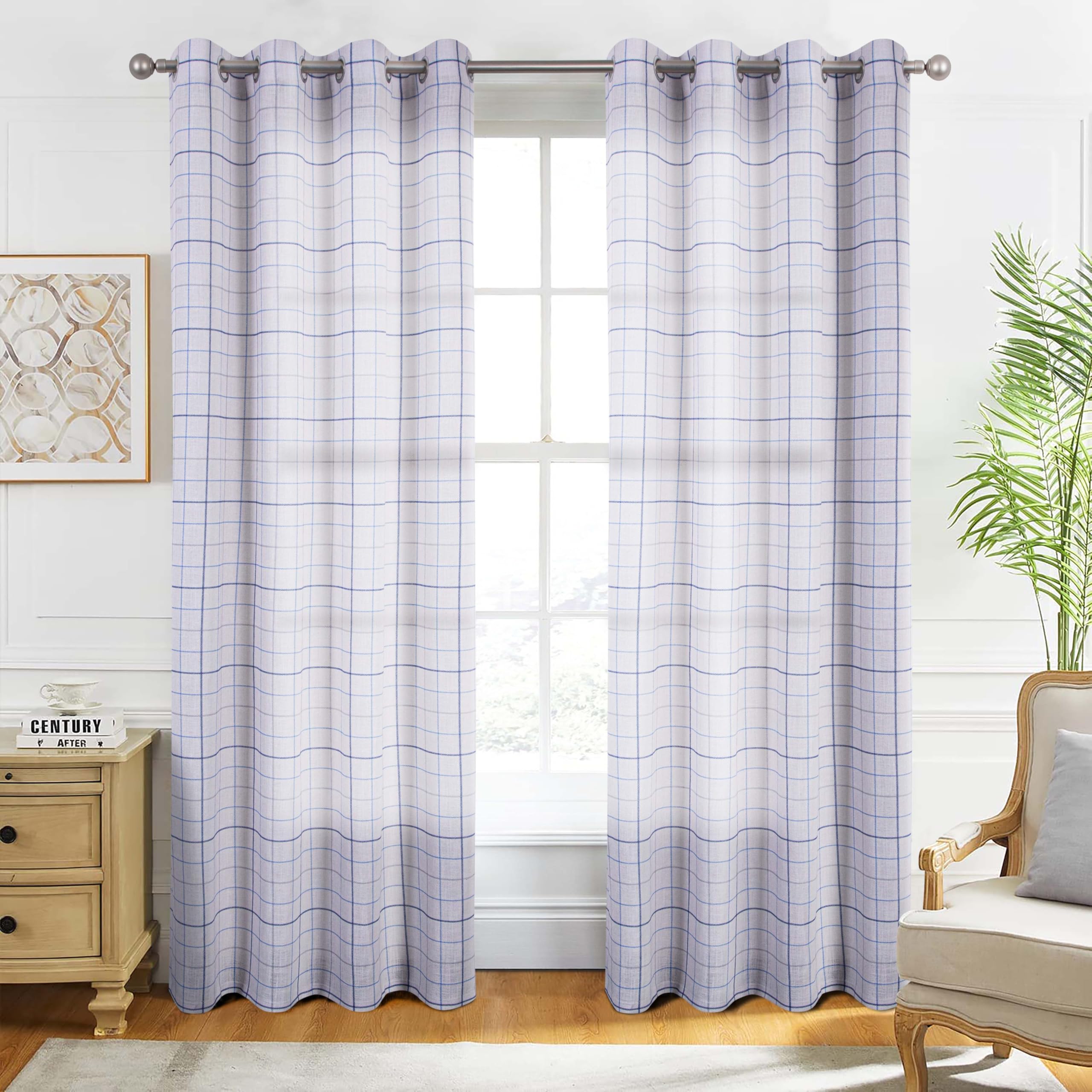always4u Linen Look Curtains Eyelet Printed Check Curtains Semi-sheer Plaid Drapes for Living Room Bedroom Decoration Modern Textured 1 Pair Beige Blue W90 x L90 Inches - Image 2