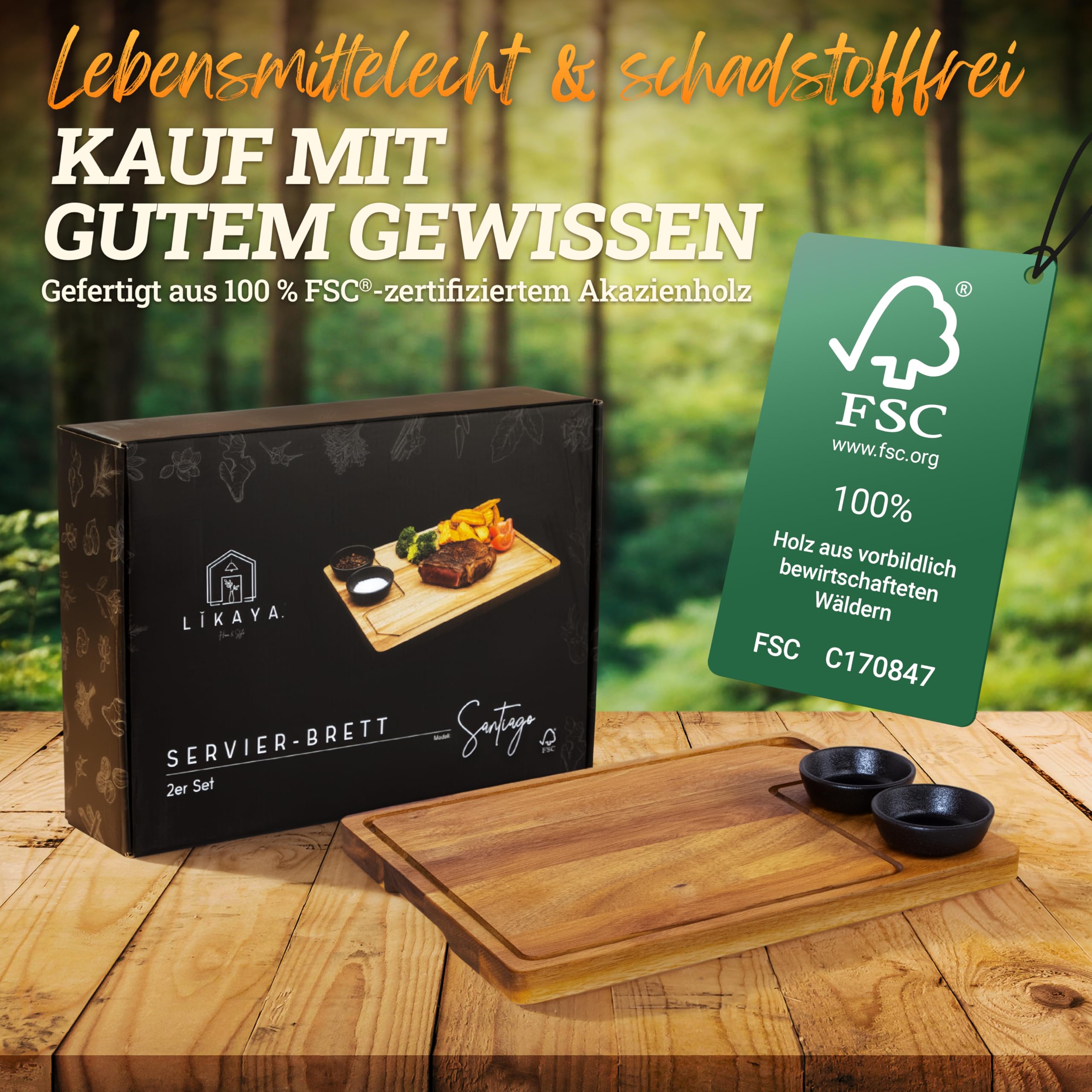 LIKAYA® Servierbrett XXL 2er-Set 'Santiago' – FSC® Akazienholz mit Saucenschüsseln | Perfekt als Grillbrett, Steakbrett & Geschenk für Burger, Steak & Sushi
