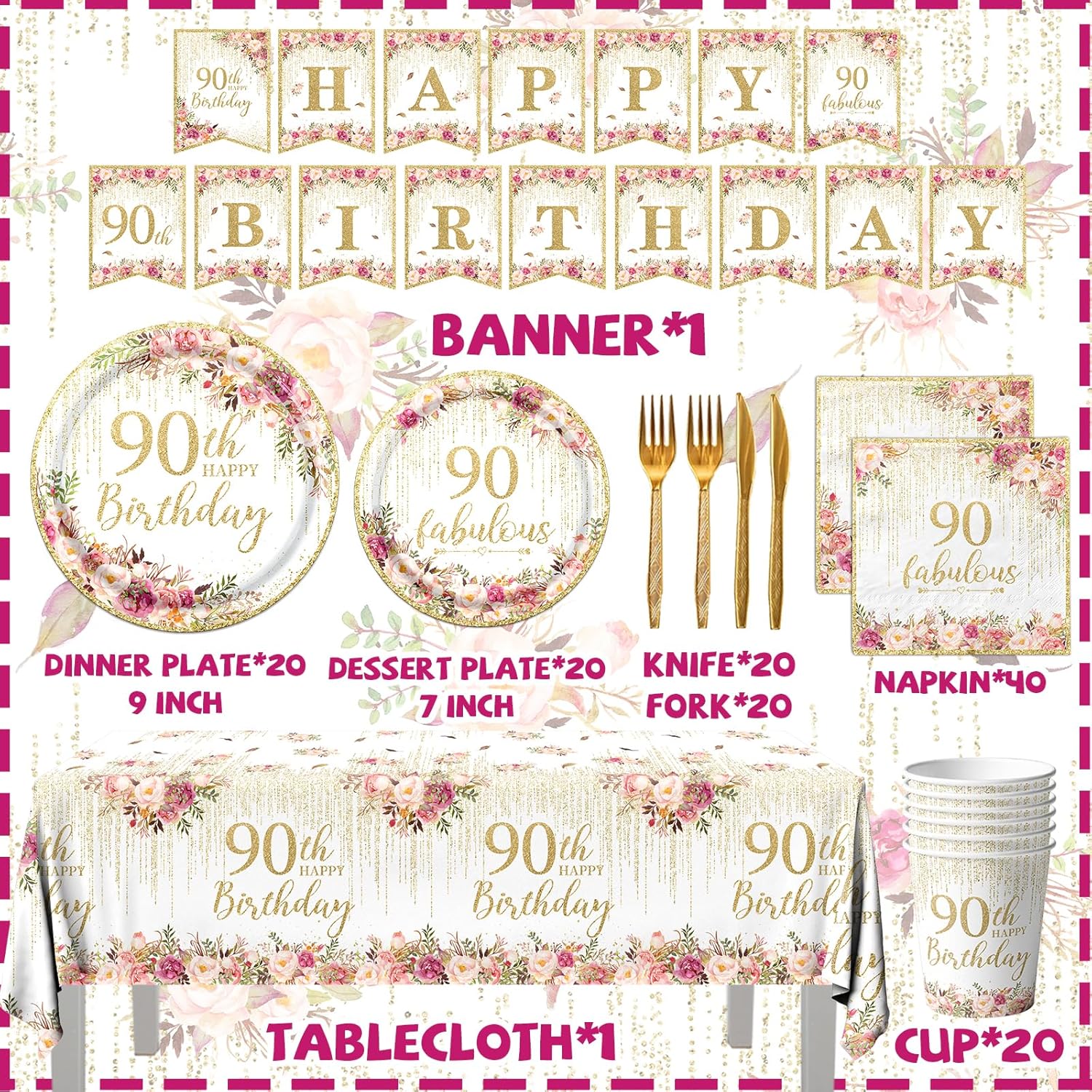 90th Birthday Party Tableware, 142Pcs Rose Gold 90th Birthday Decorations for Women, Includes Plates, Napkins,Tablecloth, Cup, Banner, Serves 20 - Image 5