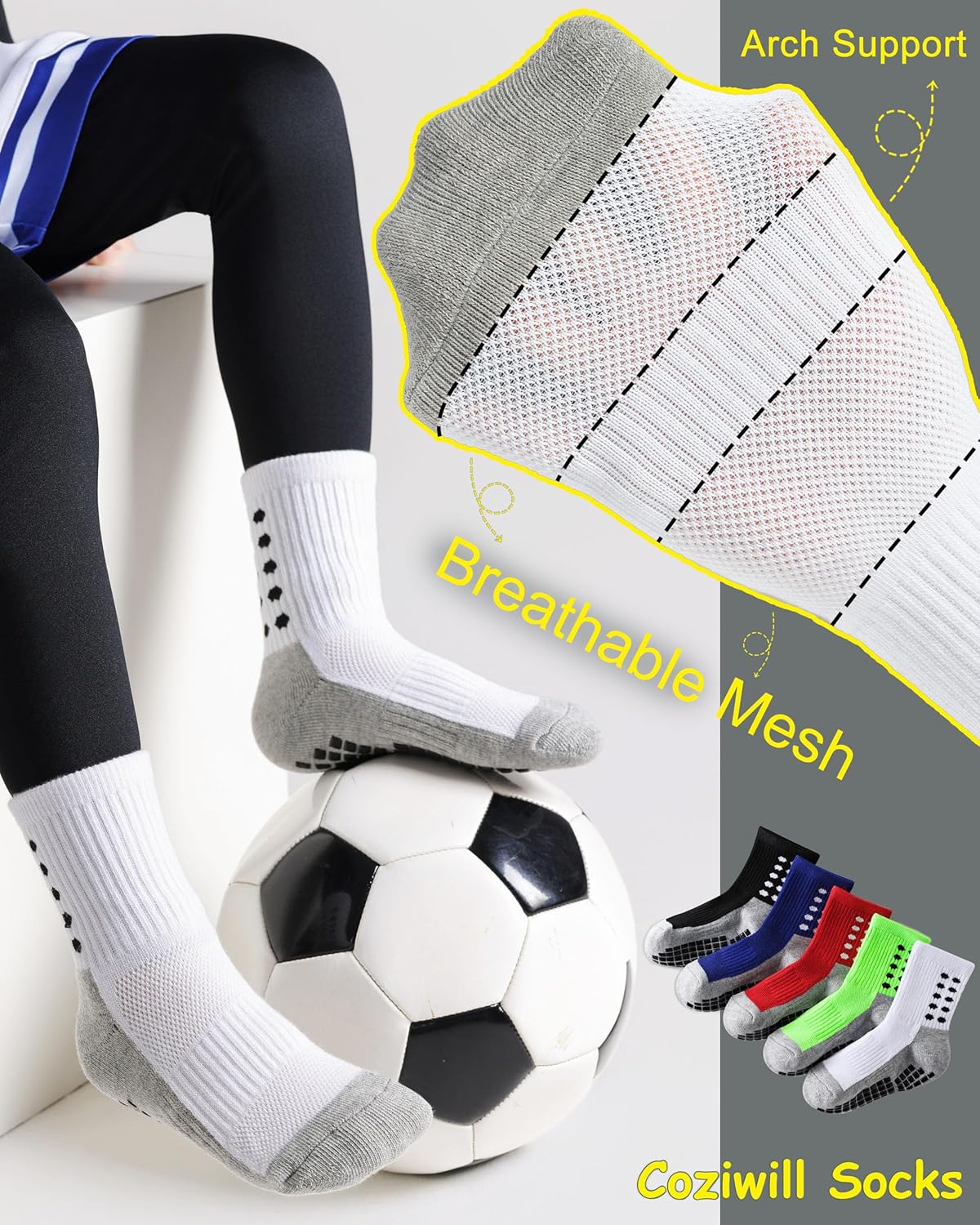 Kids Grip Socks Soccer Boys Football Non Slip Socks Girls Cushioned Athletic Crew Grip Sock Youth 6 Pairs - Image 3