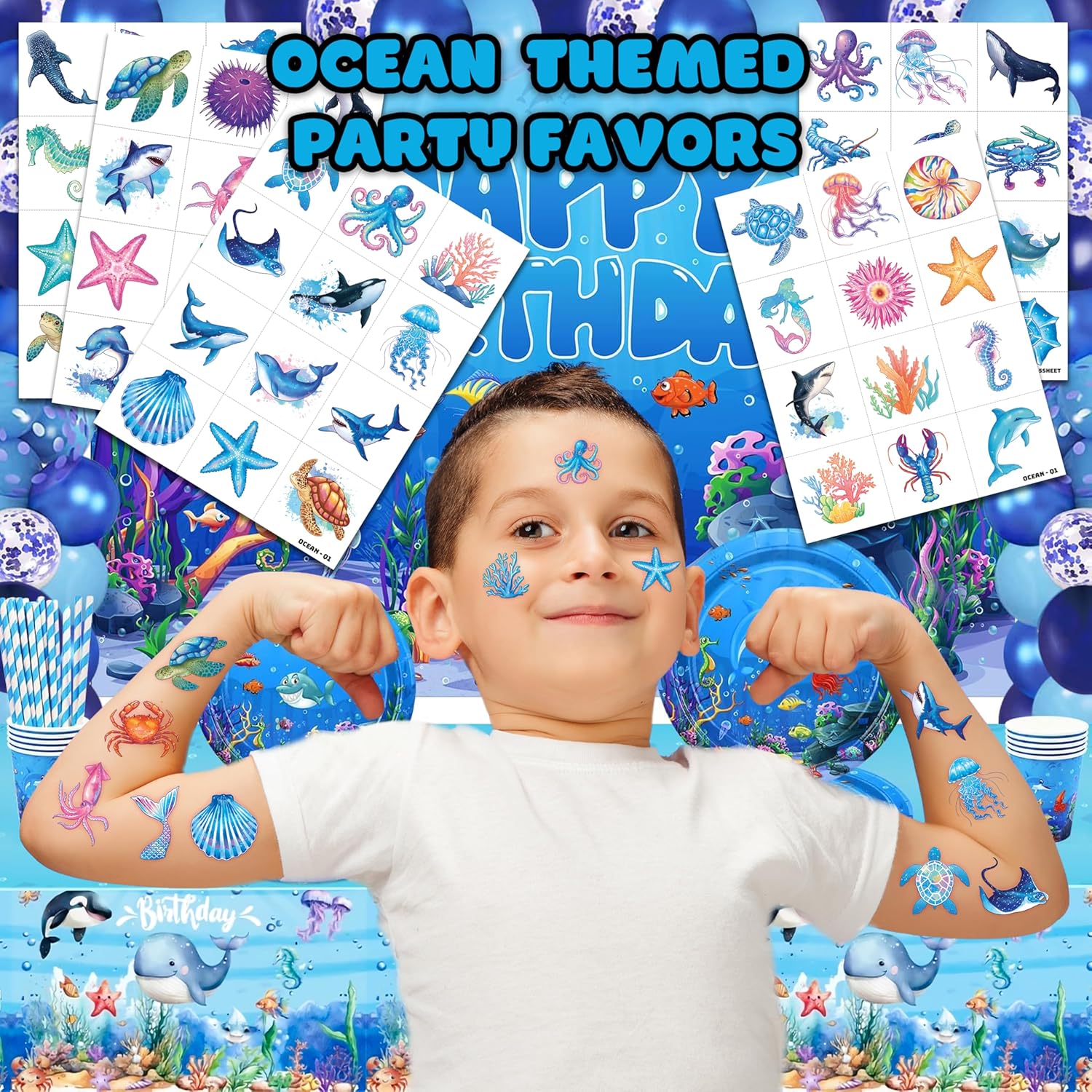 60 PCS Ocean Sea Animal Shark Whale Fish Pre-Cut Temporary Tattoos for Kids | Super Cute Themed Birthday Party Favors, Supplies, Decorations, Fake Tattoo Stickers, School Rewards & Gifts Boys & Girls - Image 2