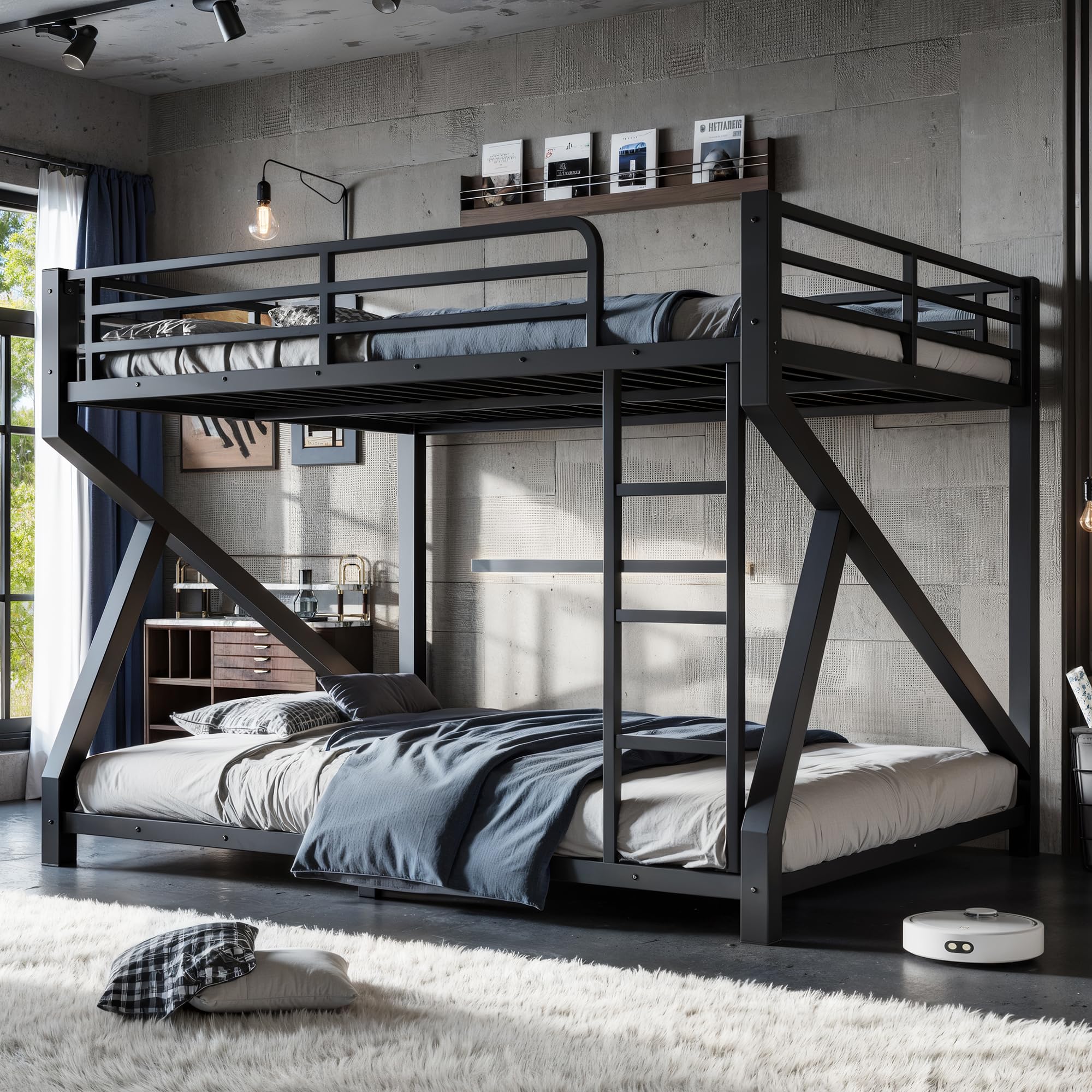 Photo 1 of **SIMILAR ITEMS**Bellemave Queen Over Queen Bunk Bed Frame with Noise Reduced Design, Low Profile Bunk Bed with Soft Ladder Rung Cover and Fence, Heavy Buty Bunk Beds for Adults, Teens
