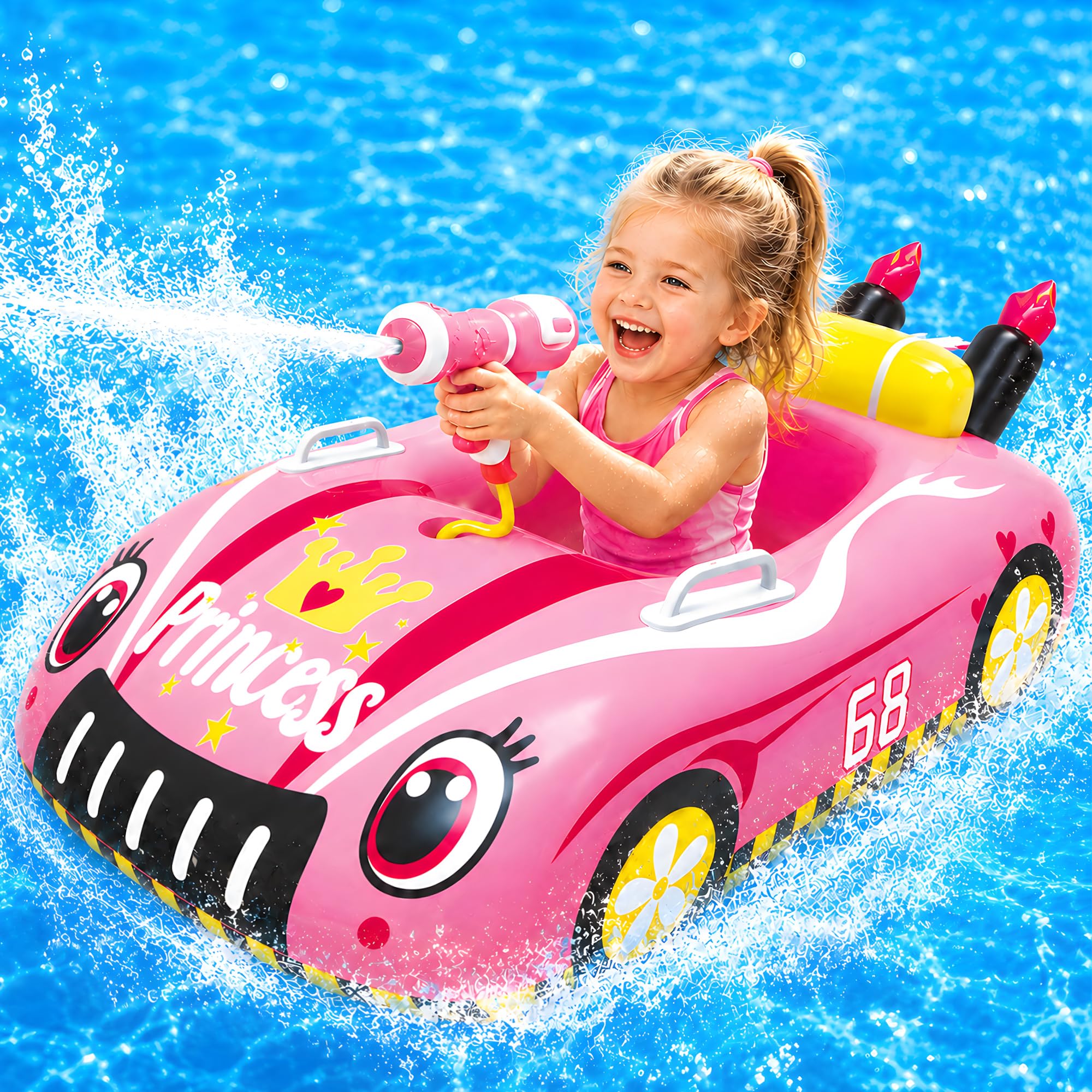 Inflatable Pool Floats for Kids with Water Gun - Princess Race Car Toddler Pool Float for Girls, Ride-on Pool Toy with Built-in Squirt Gun Unlimited Ammo, Summer Outdoor Water Toys Ages 3-8