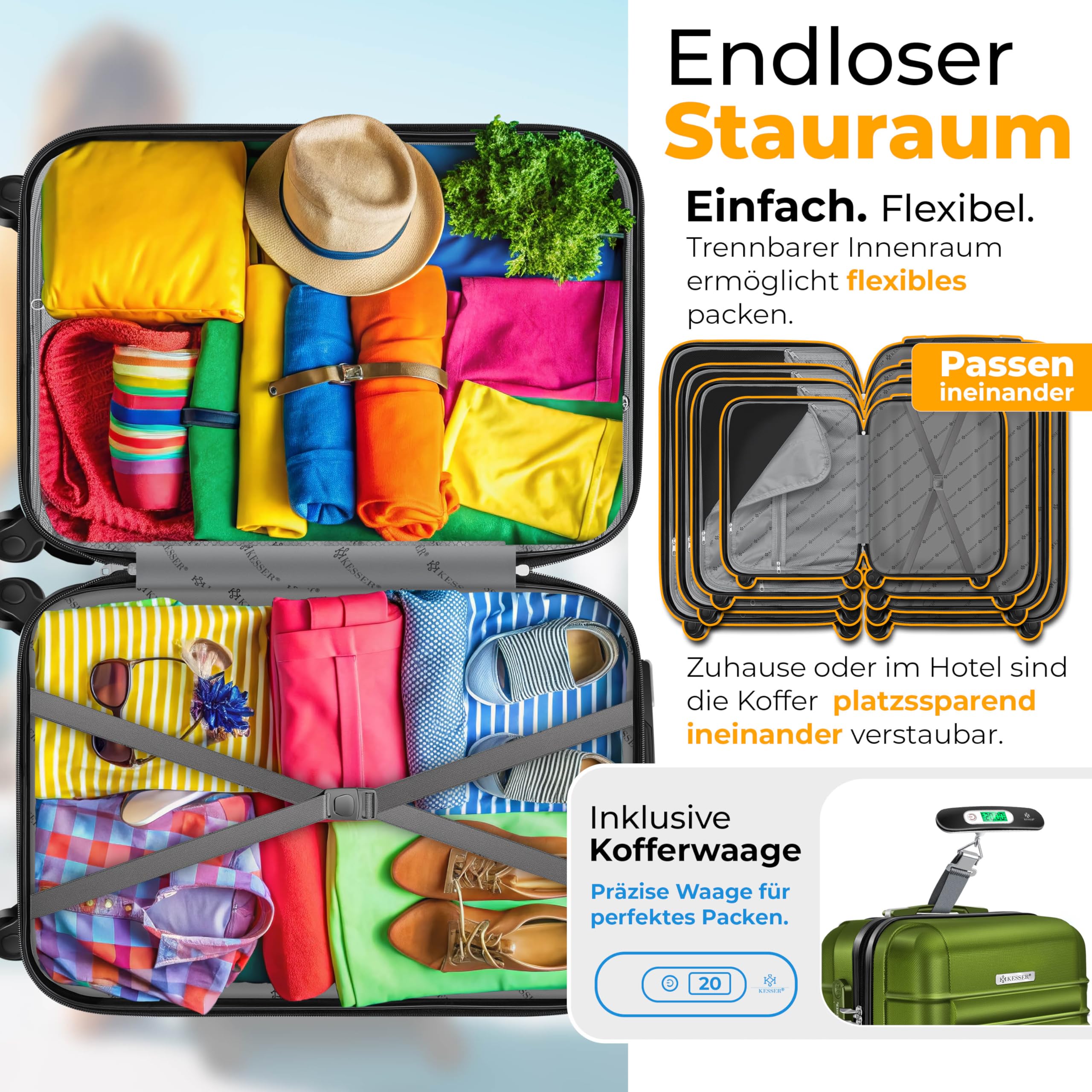 KESSER® Set di 4 valigie da viaggio - trolley - valigie rigide - bagaglio da viaggio - valigie a guscio rigido S-M-L-XL