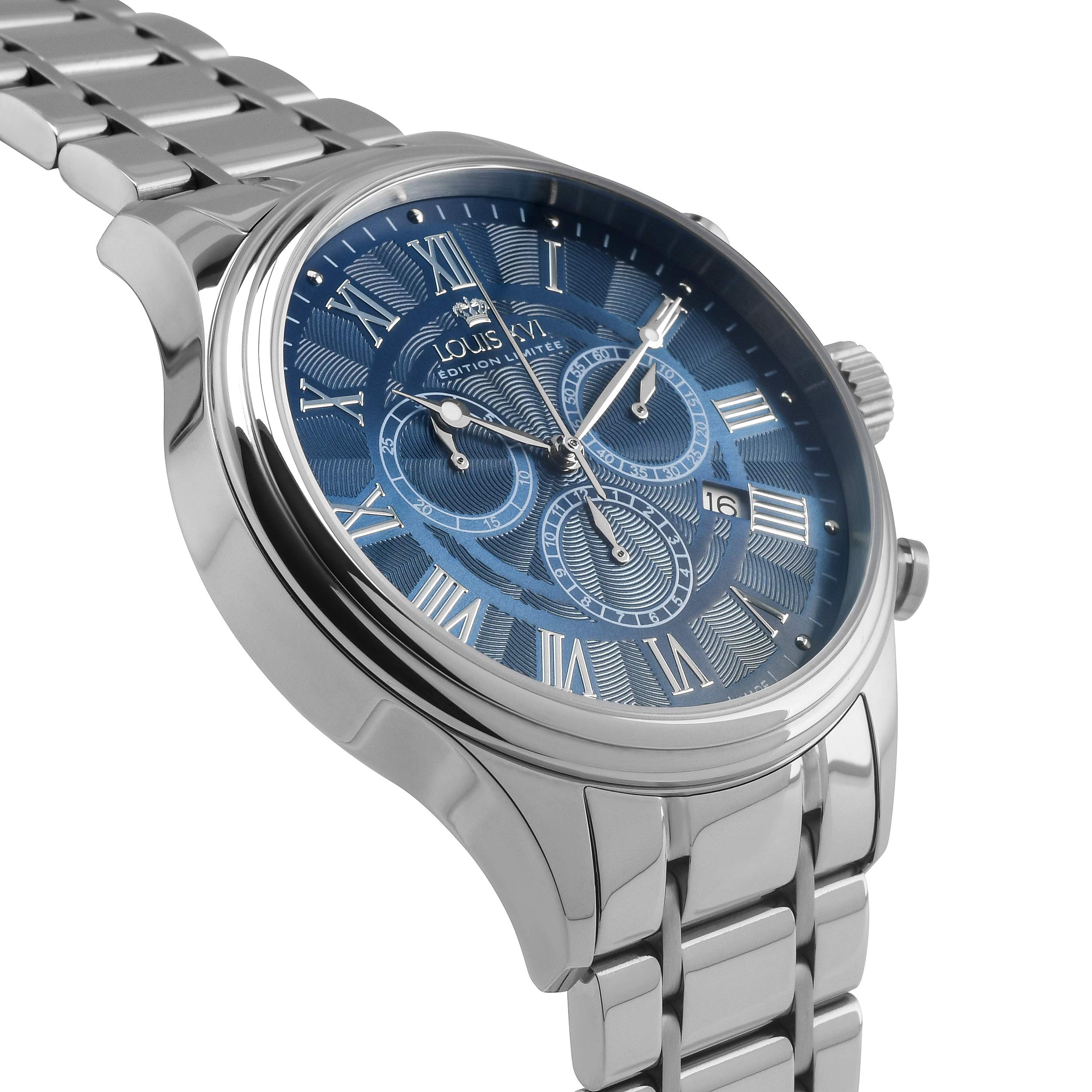 LOUIS XVI Herren-Armbanduhr Danton Silber Blau Stahlband Römische Zahlen Chronograph Analog Quarz Edelstahl 977