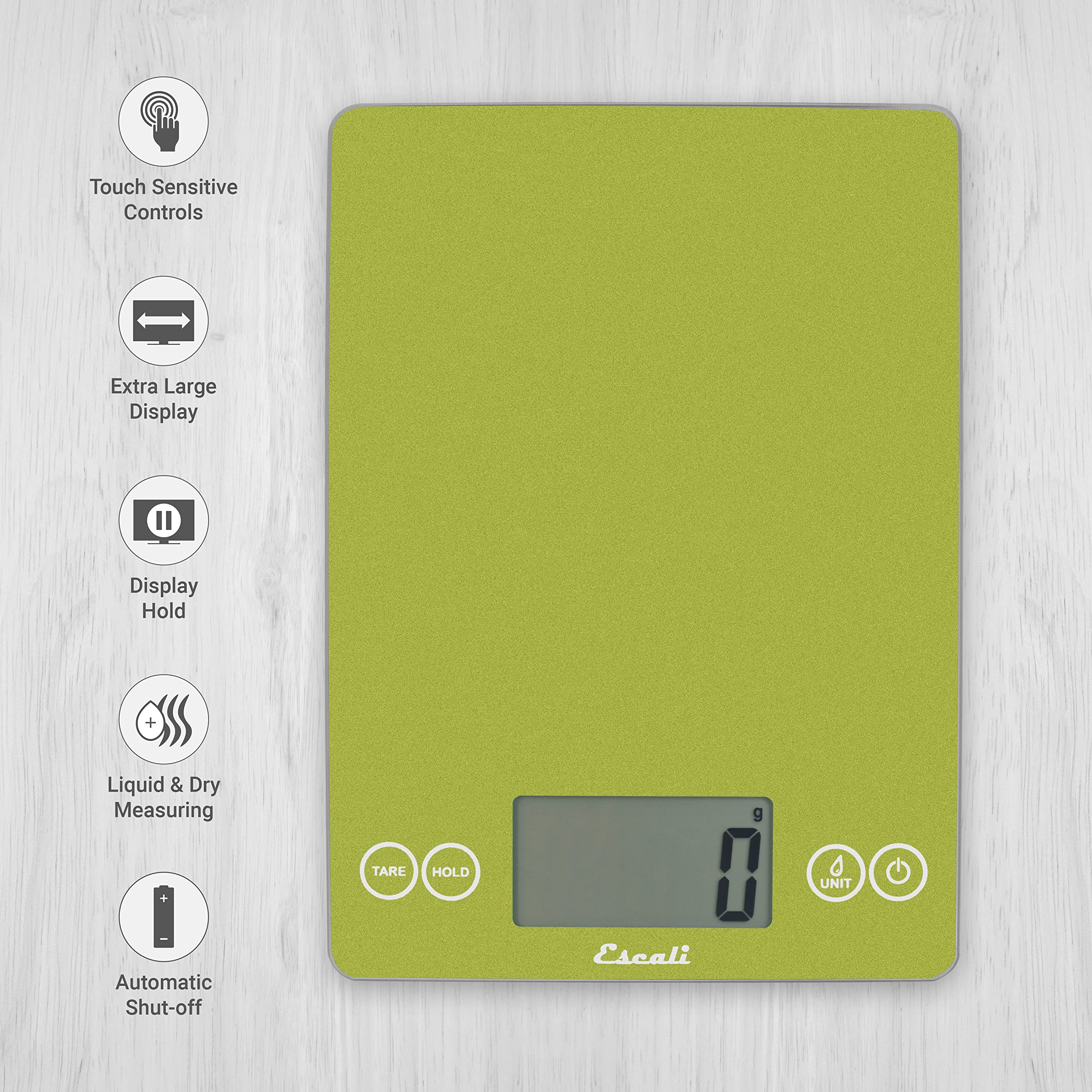 Escali 157SCG Báscula de Cocina Arti Glass, Báscula Digital con Pantalla LCD, Accesorio de Menaje de Cocina, Negocios y Ocio, 6.8 kg, Verde Suculento, 23 x 16.5 x 2 cm