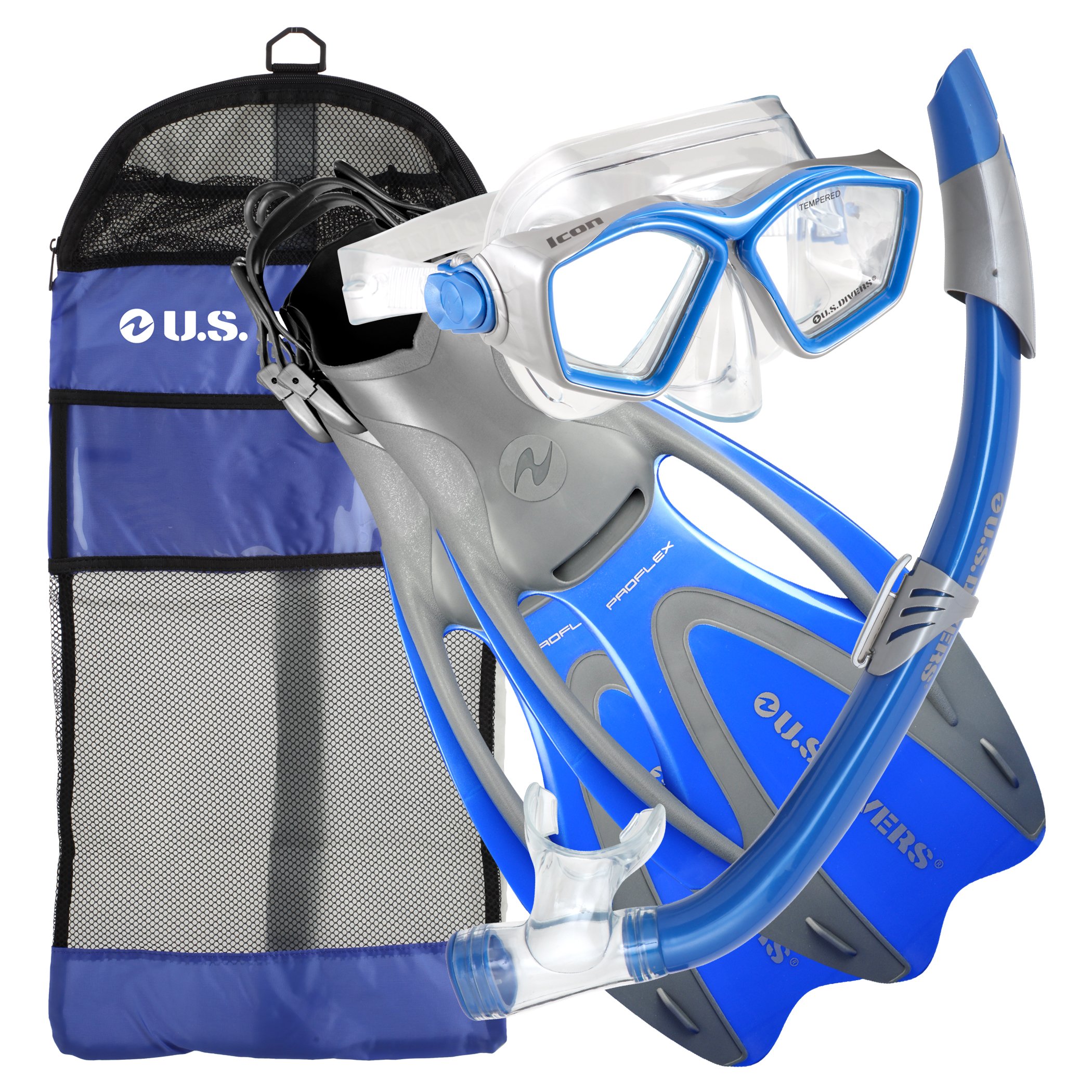 U.S. Divers Adult Icon Mask/Seabreeze Snorkel/Proflex Open Heel Fins/Gearbag