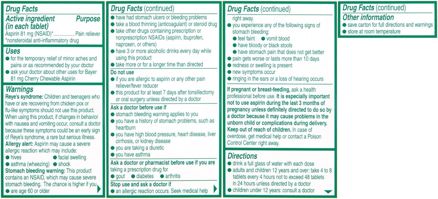 Aspirin Regimen Bayer, 81mg Chewable Tablets, Pain Reliever, Cherry, 36 Count : Health & Household